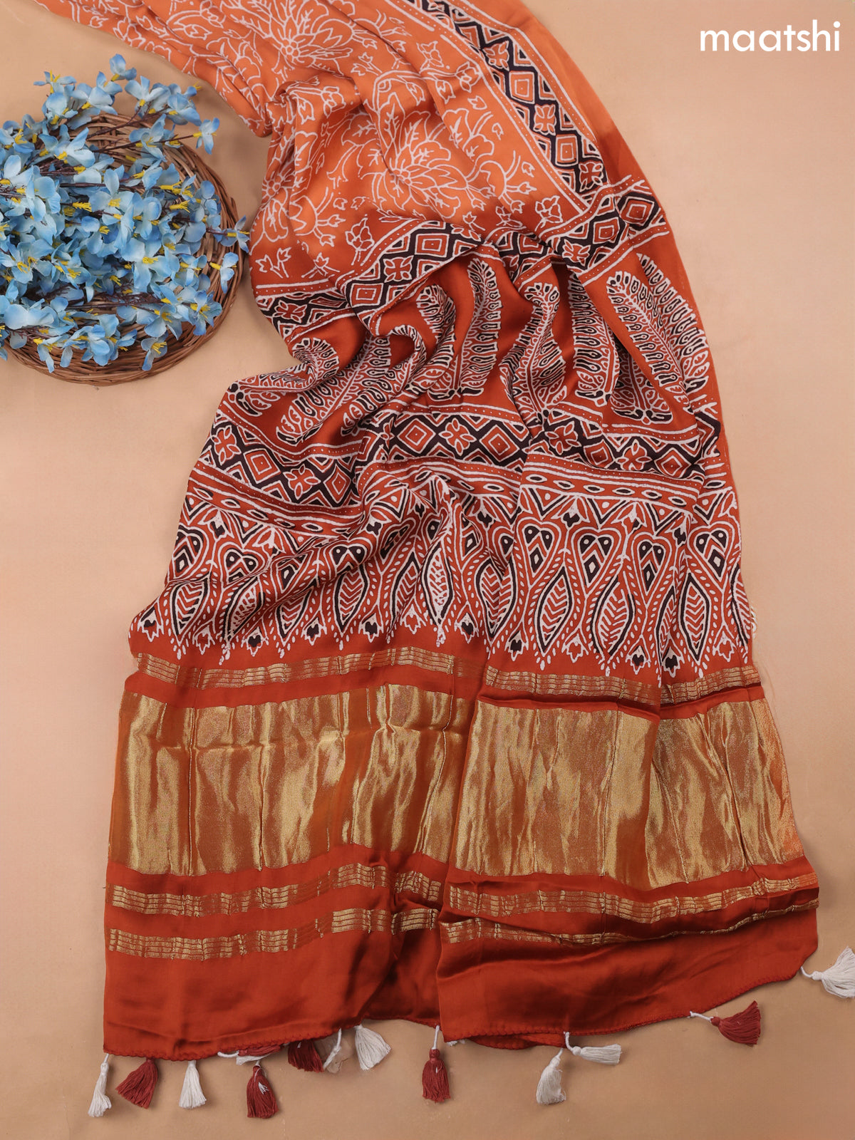 Pale Orange Modal Dress Material With Allover Ajrak Prints