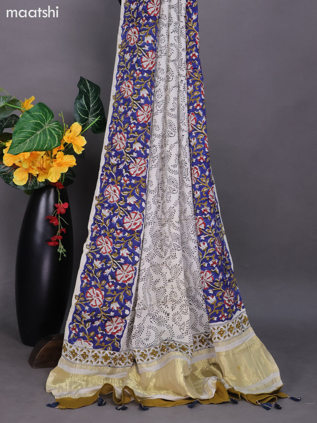 Blue and Off White Modal Dress Material With Kalamkari Printed and Bottom & Dupatta