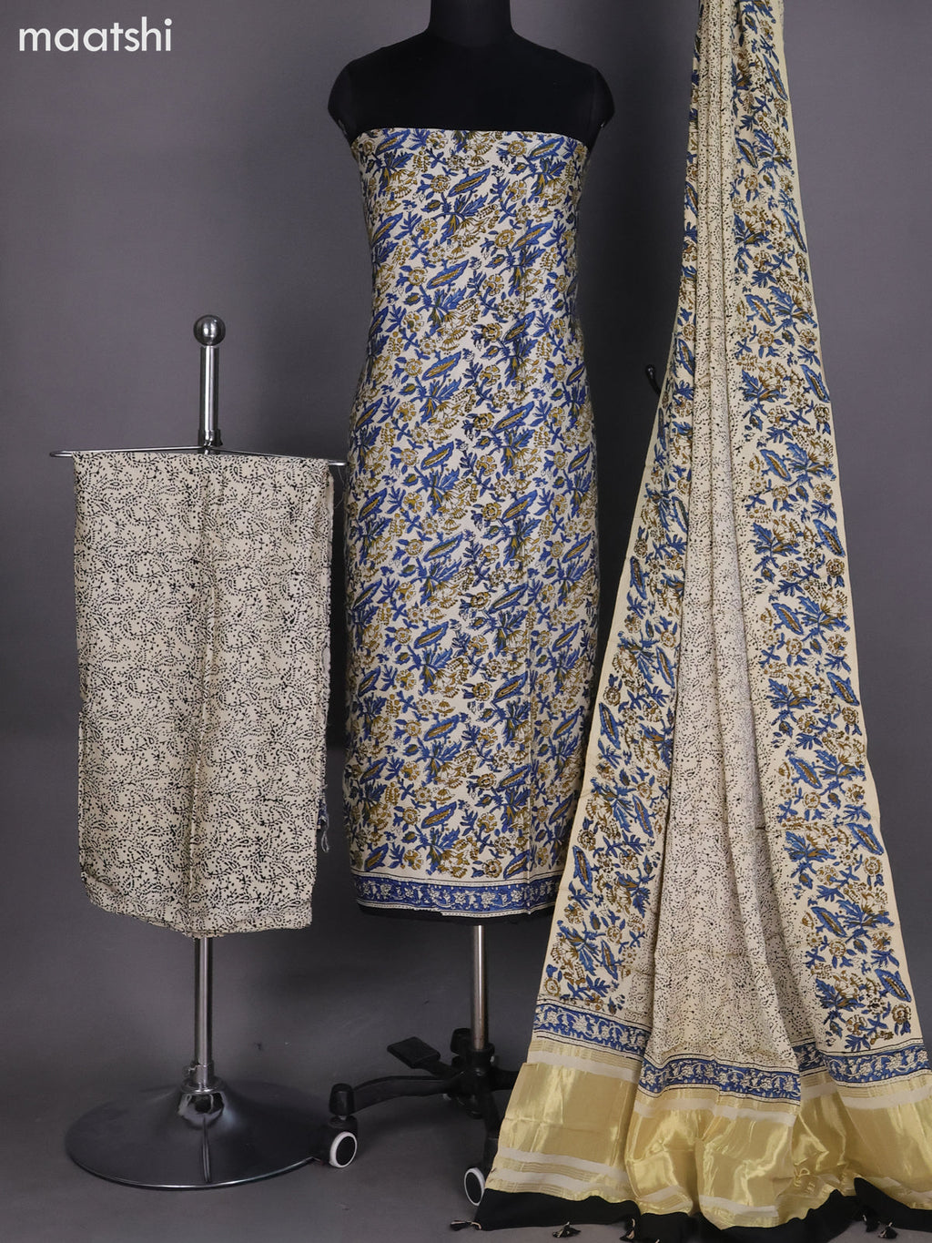 Cream and Blue Black Modal Dress Material With Kalamkari Printed and Bottom & Dupatta