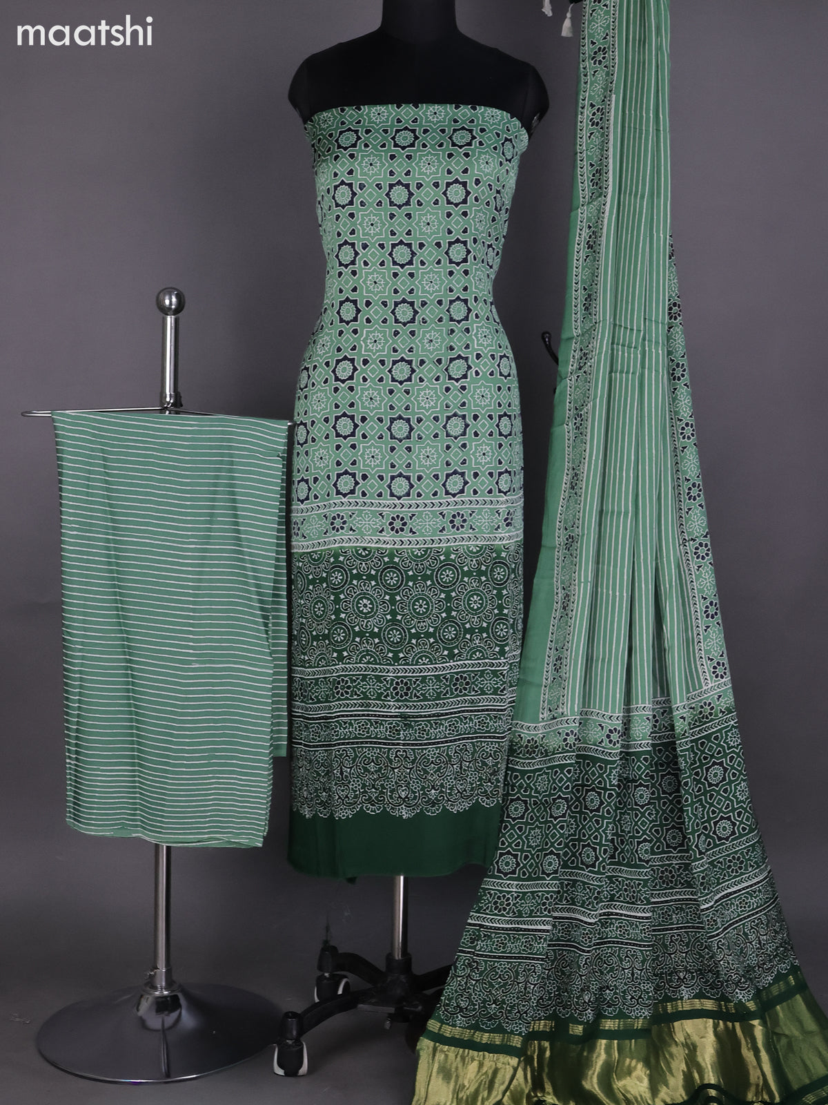 Green Modal Dress Material With Ajrakh Printed and Bottom & Dupatta