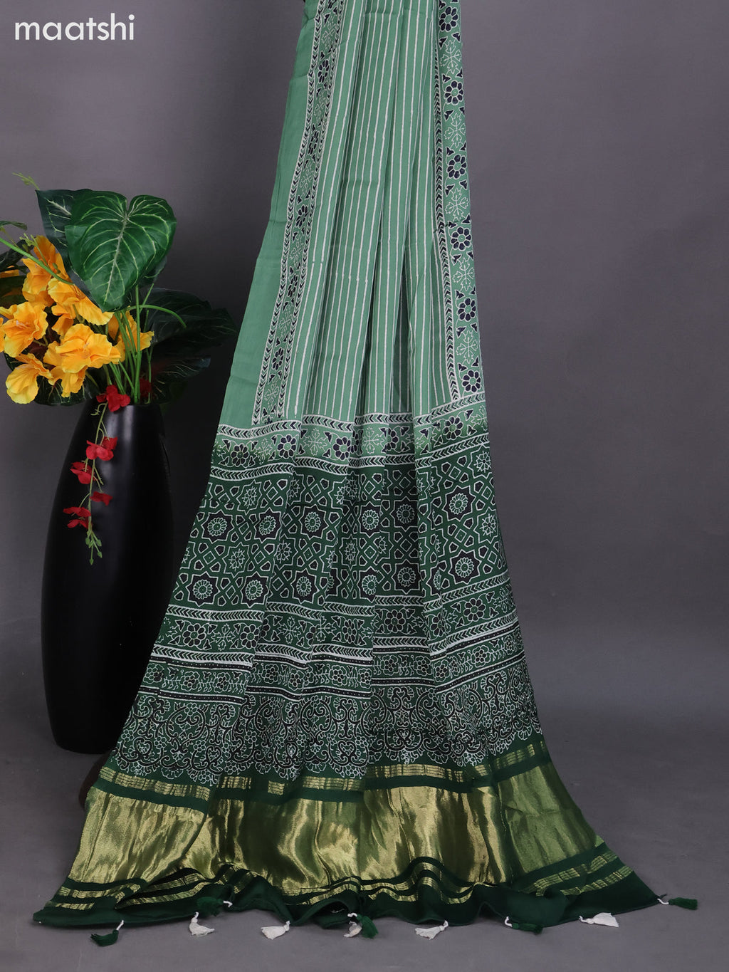 Green Modal Dress Material With Ajrakh Printed and Bottom & Dupatta