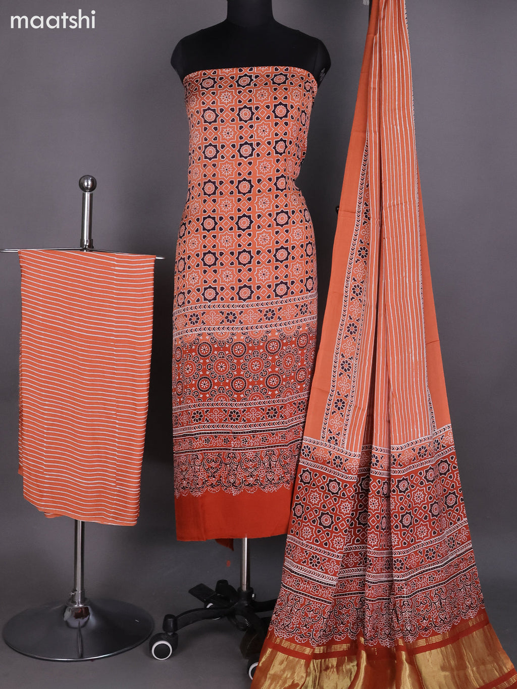 Peach Orange Modal Dress Material With Ajrakh Printed and Bottom & Dupatta
