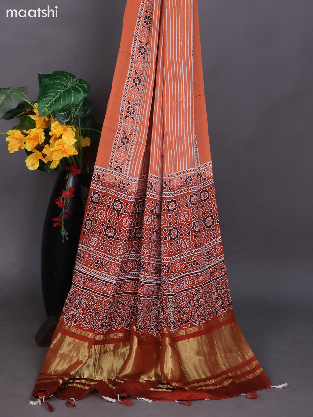 Peach Orange Modal Dress Material With Ajrakh Printed and Bottom & Dupatta