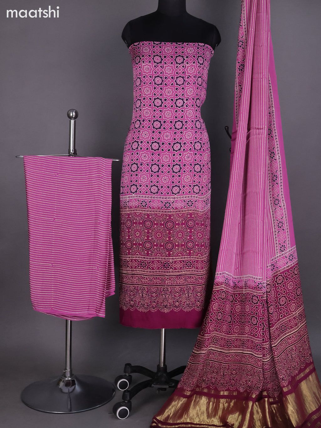 Lotus Pink Modal Dress Material With Ajrakh Printed and Bottom & Dupatta