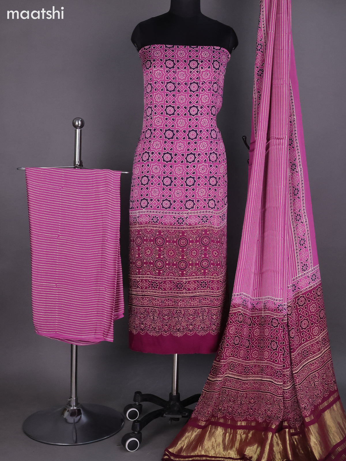 Lotus Pink Modal Dress Material With Ajrakh Printed and Bottom & Dupatta