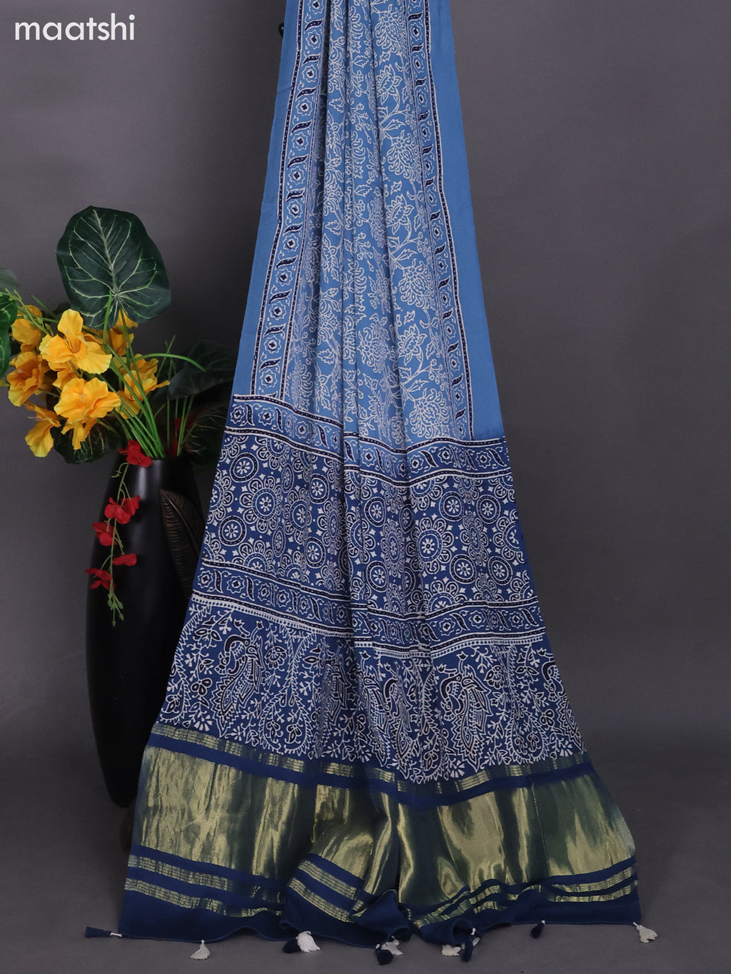 Blue Modal Dress Material With Ajrakh Printed and Bottom & Dupatta