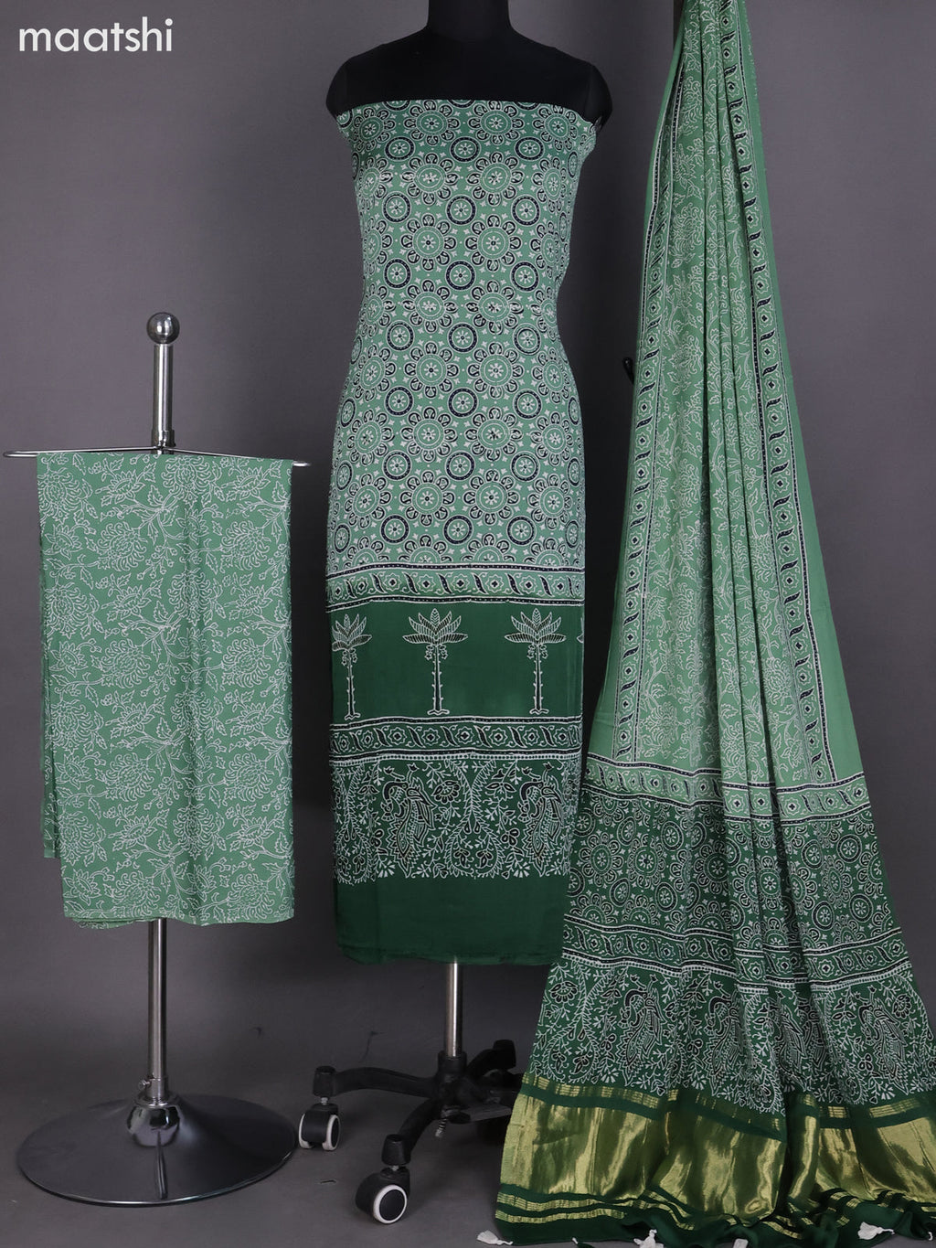 Pastel Green Modal Dress Material With Ajrakh Printed and Bottom & Dupatta