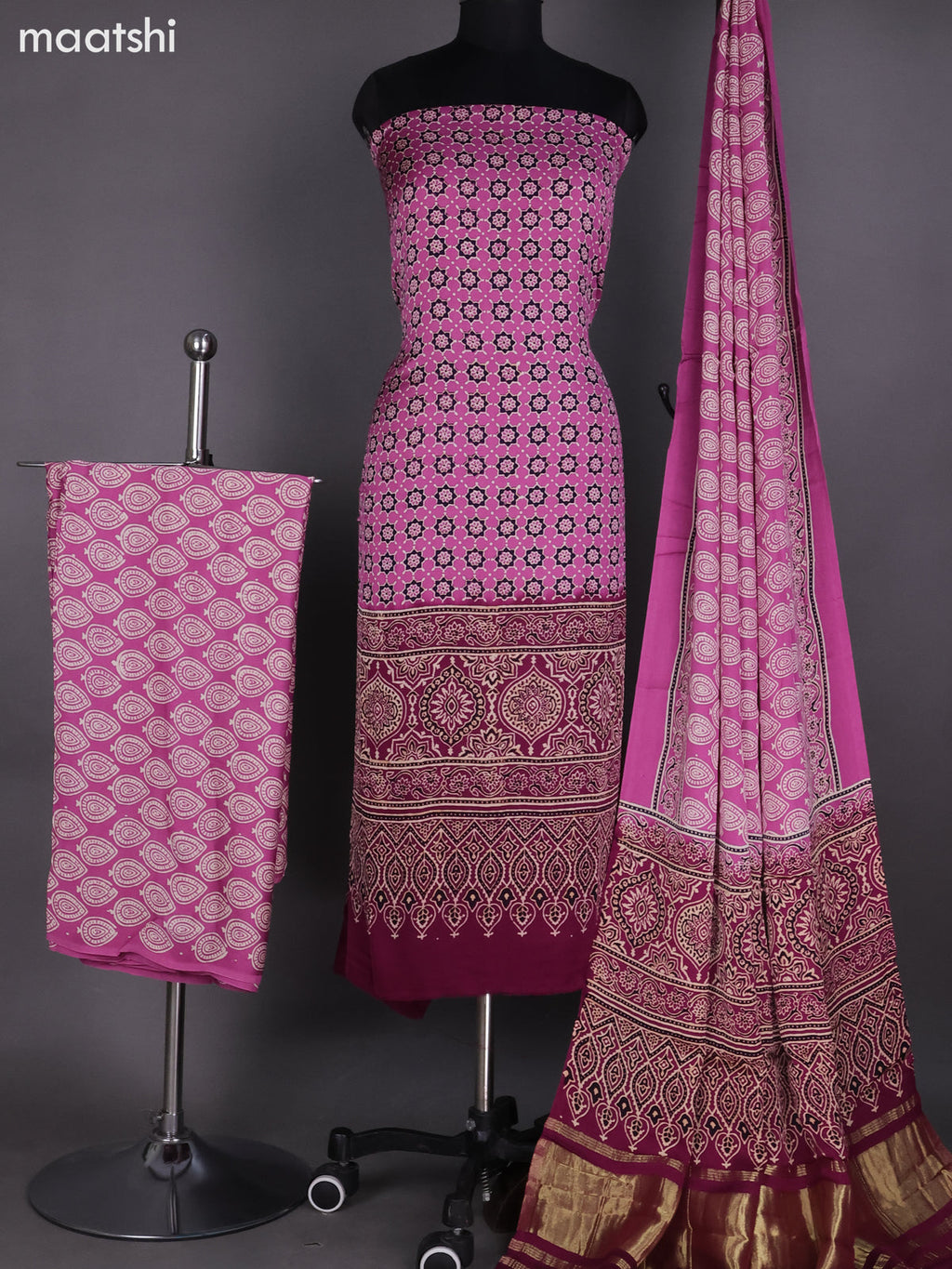 Lotus Pink Modal Dress Material With Ajrakh Printed and Bottom & Dupatta