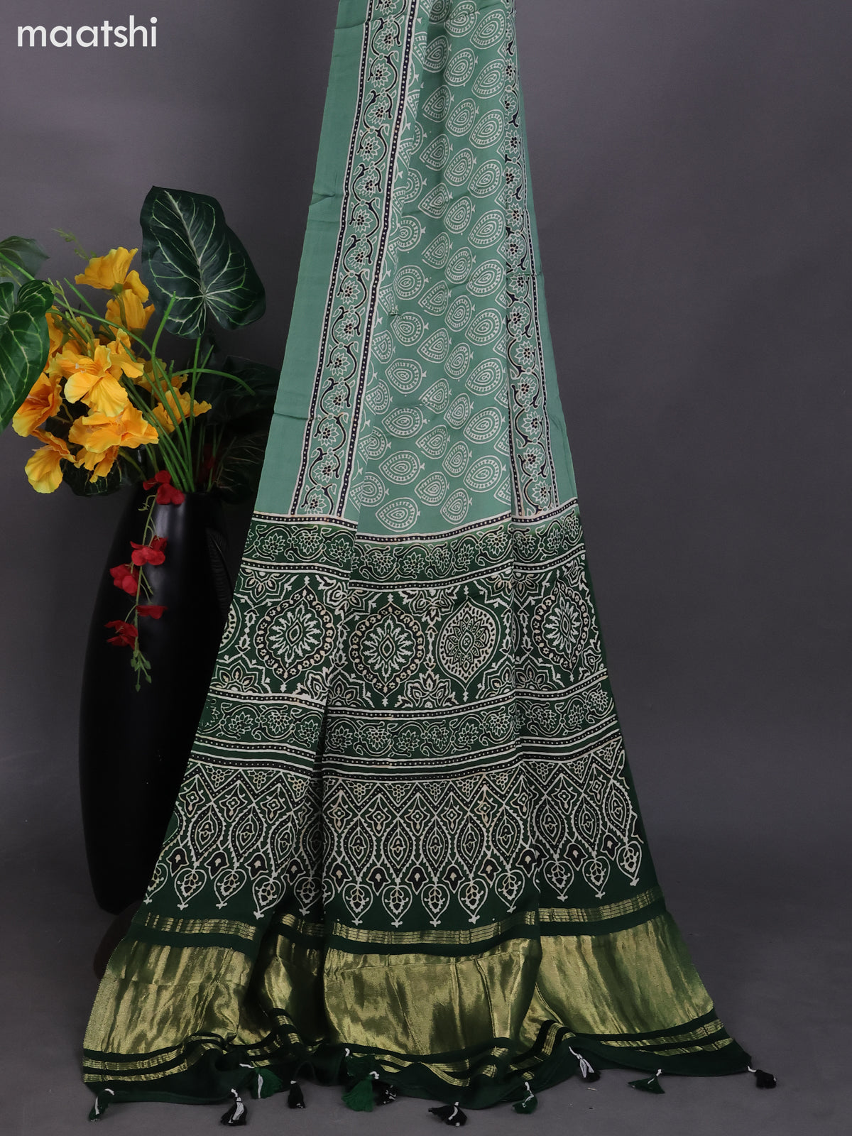 Green Modal Dress Material With Ajrakh Printed and Bottom & Dupatta