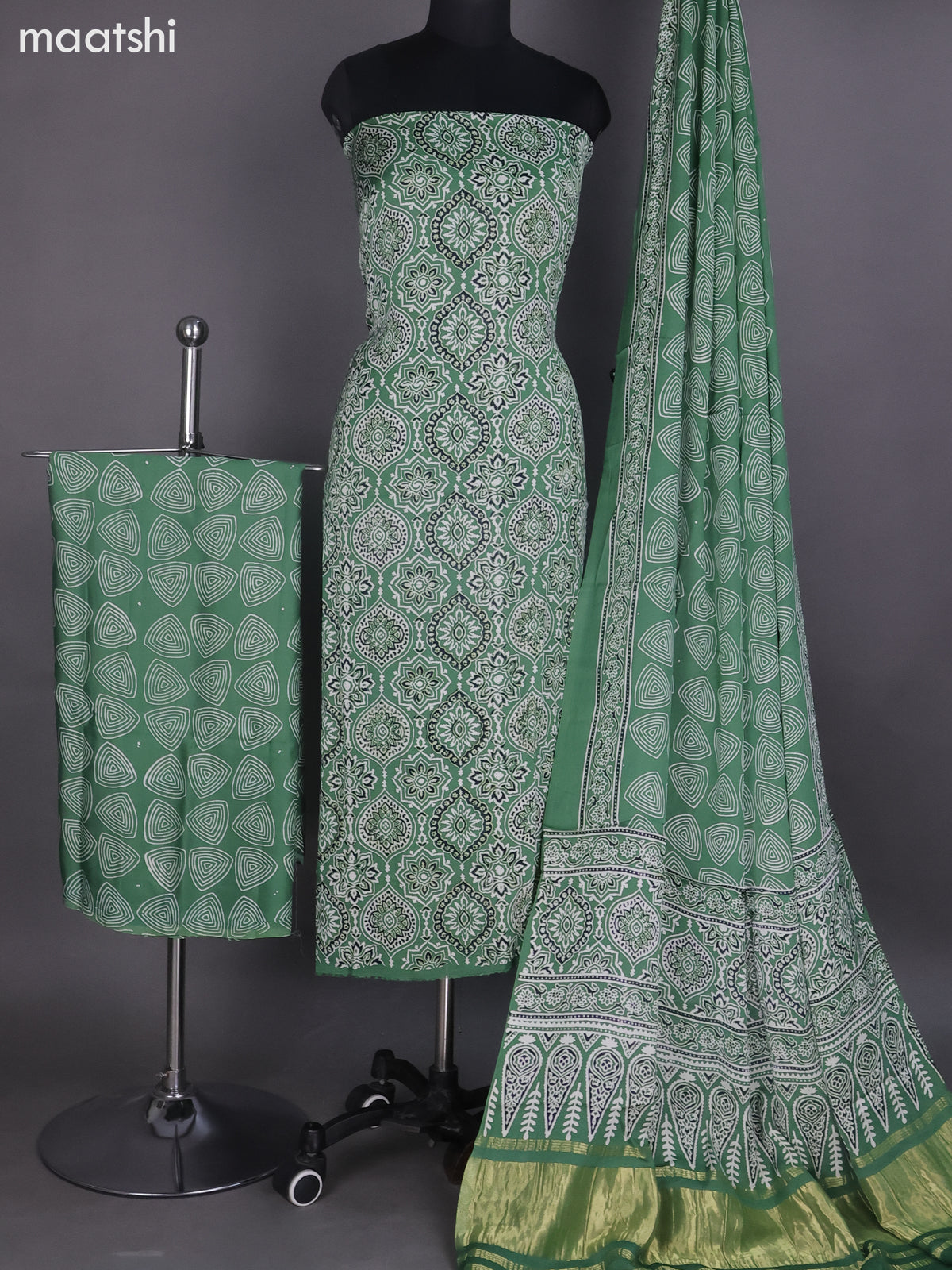 Green Modal Dress Material With Ajrakh Printed and Bottom & Dupatta