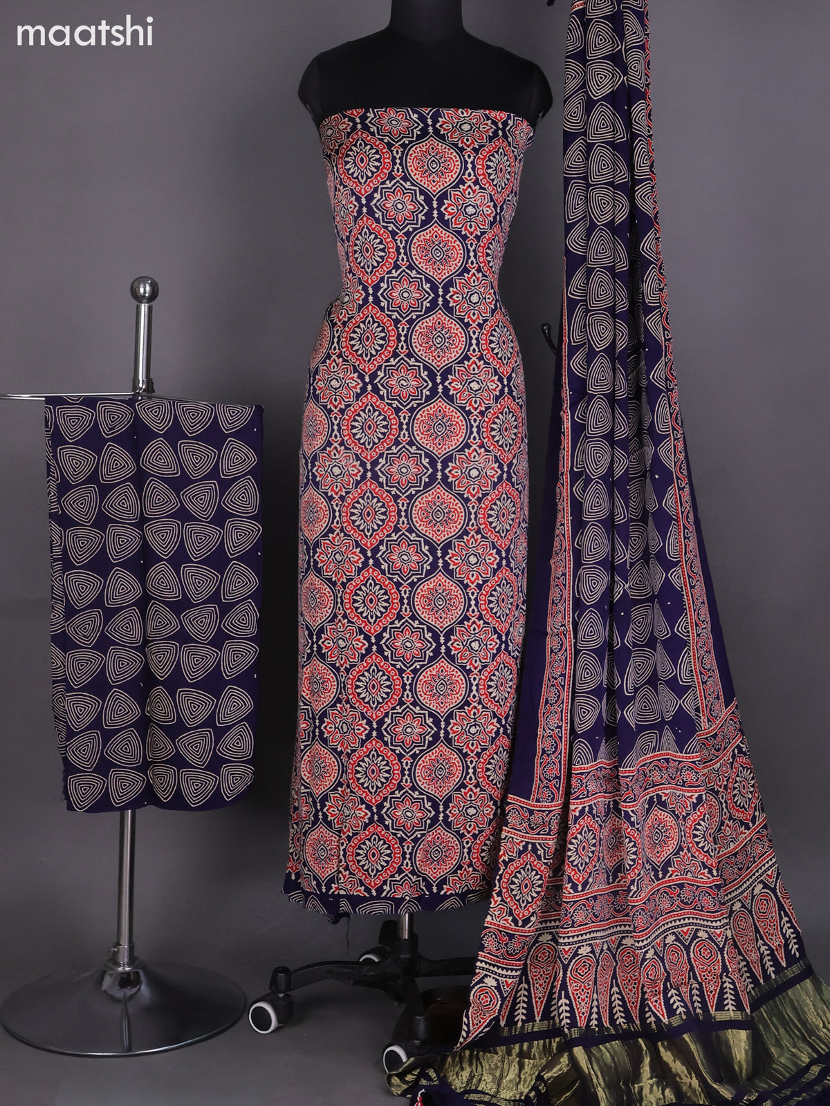 Navy Blue and Red Modal Dress Material With Ajrakh Printed and Bottom & Dupatta