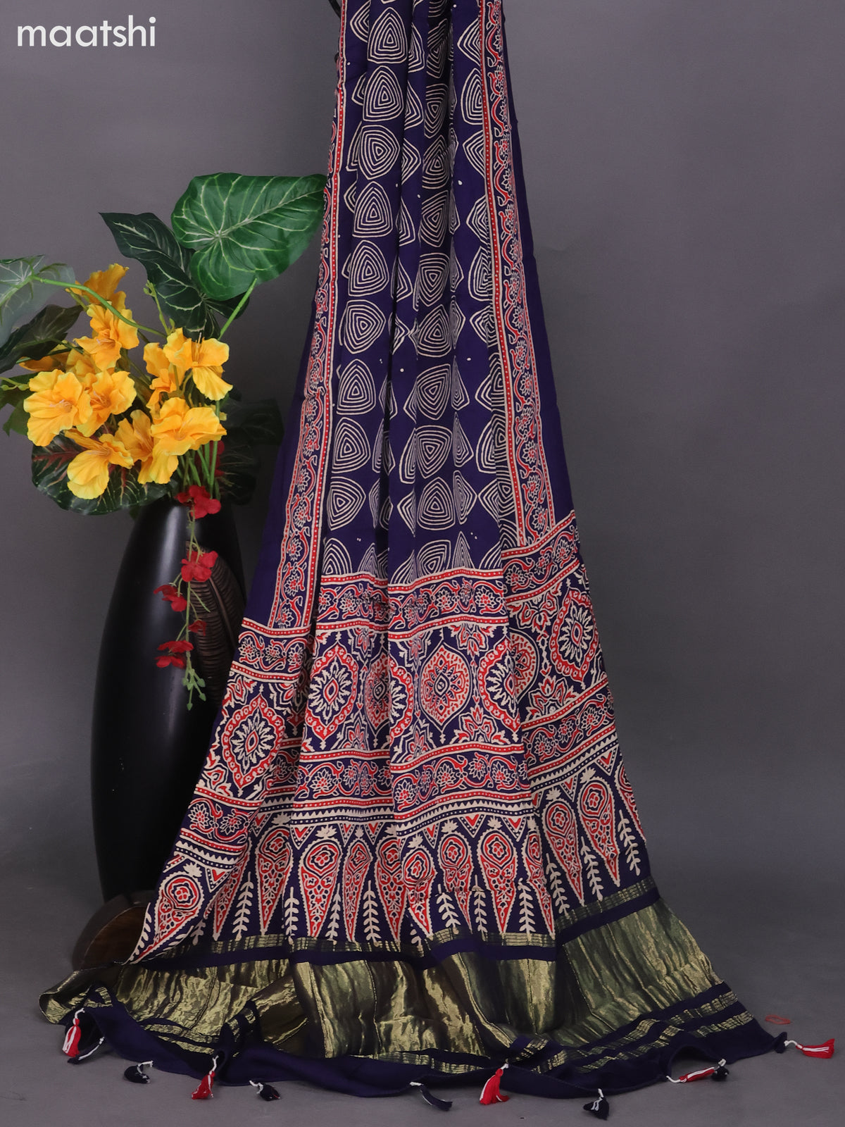 Navy Blue and Red Modal Dress Material With Ajrakh Printed and Bottom & Dupatta