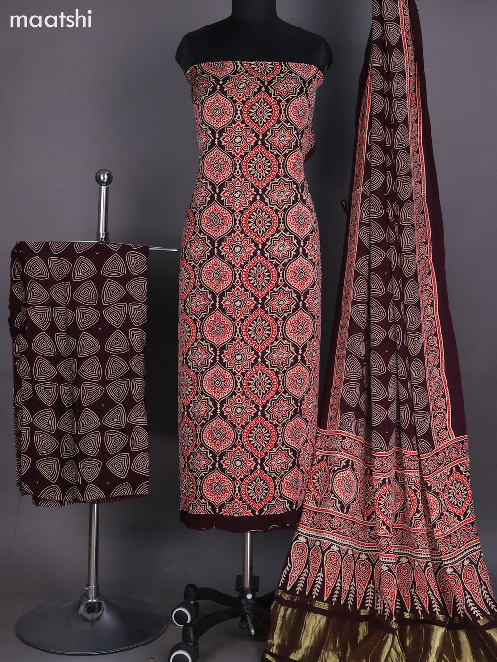 Deep Maroon and Red Modal Dress Material With Ajrakh Printed and Bottom & Dupatta