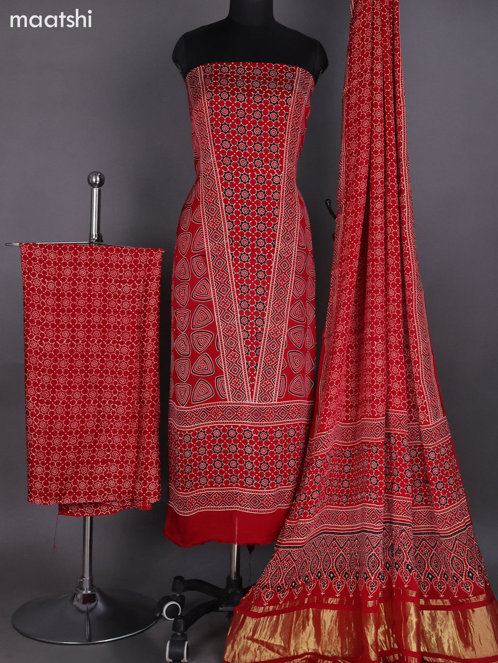 Red Modal Dress Material With Ajrakh Printed and Bottom & Dupatta