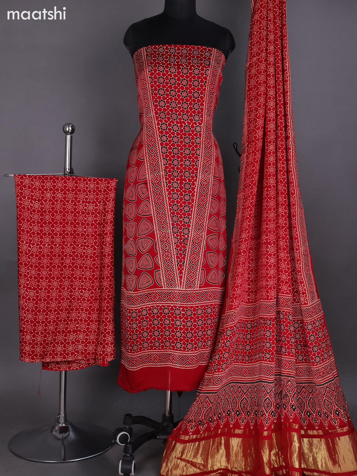 Red Modal Dress Material With Ajrakh Printed and Bottom & Dupatta
