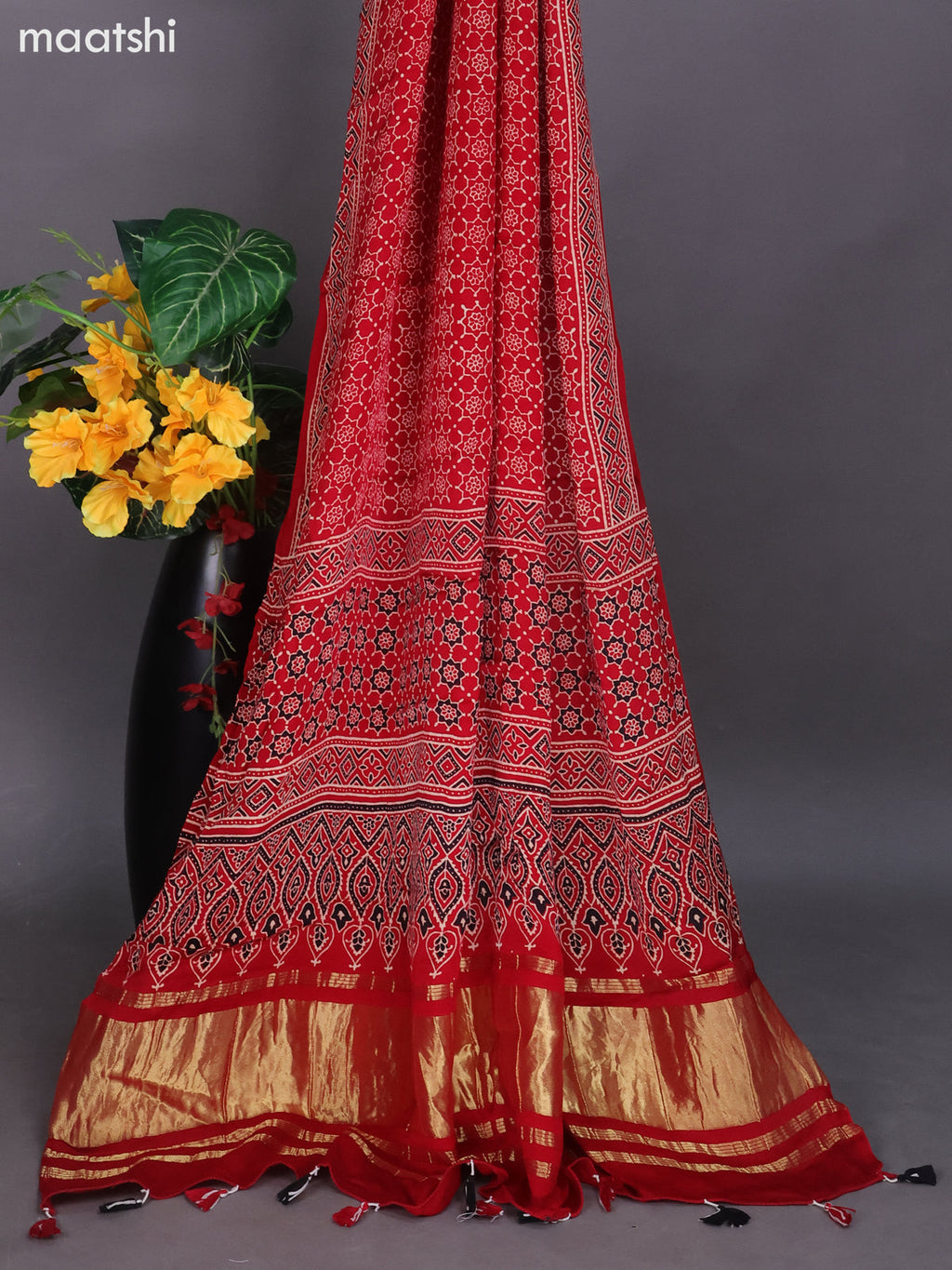 Red Modal Dress Material With Ajrakh Printed and Bottom & Dupatta