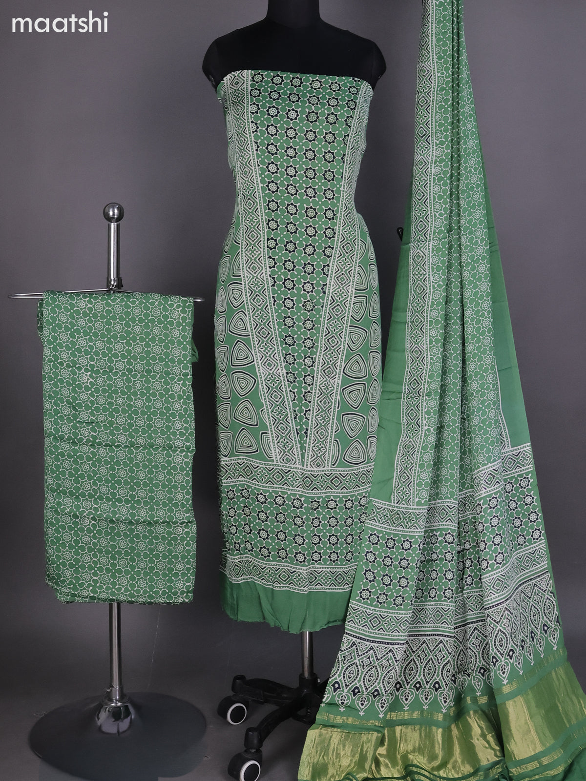 Green Modal Dress Material With Ajrakh Printed and Bottom & Dupatta