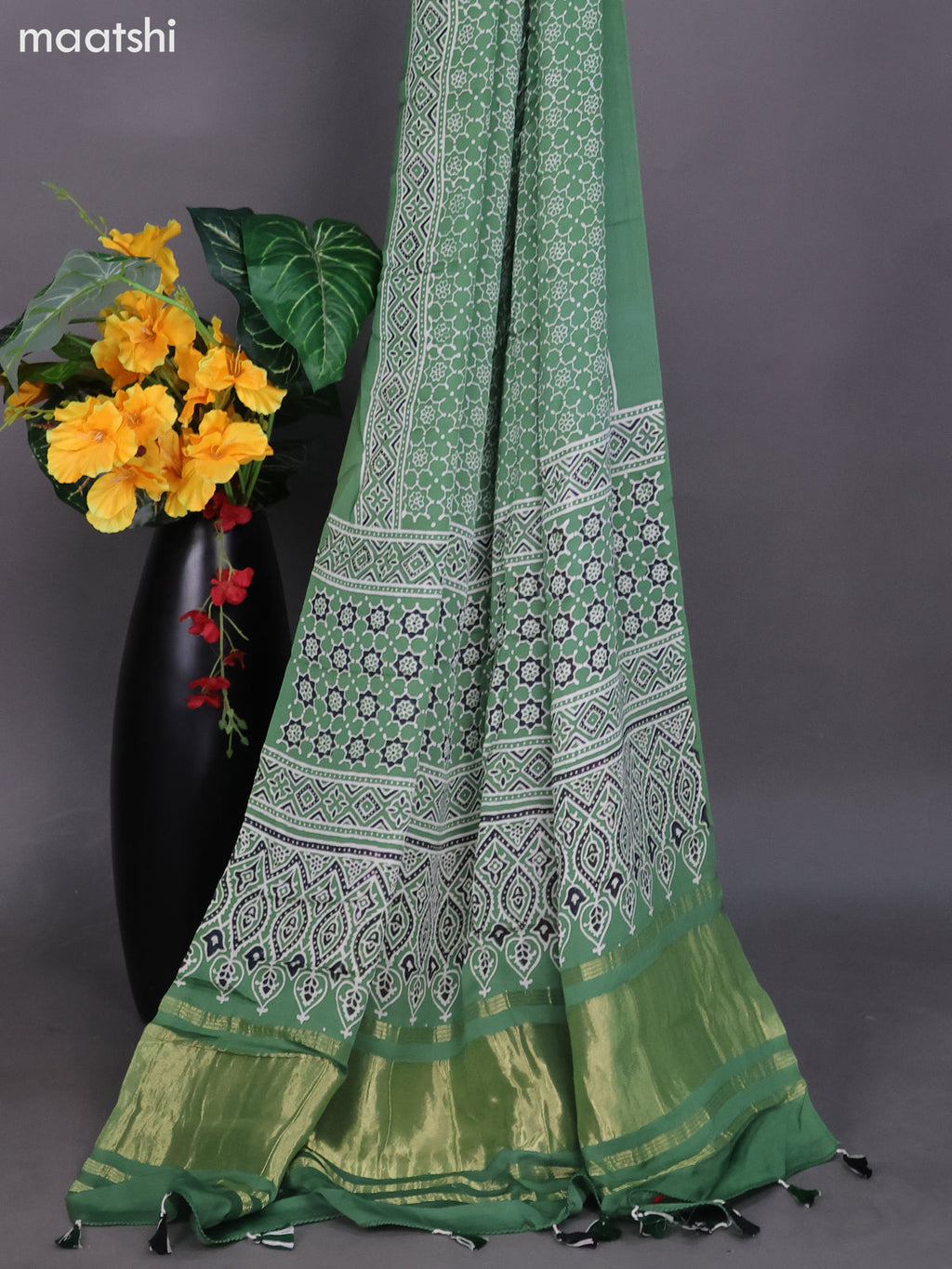Green Modal Dress Material With Ajrakh Printed and Bottom & Dupatta
