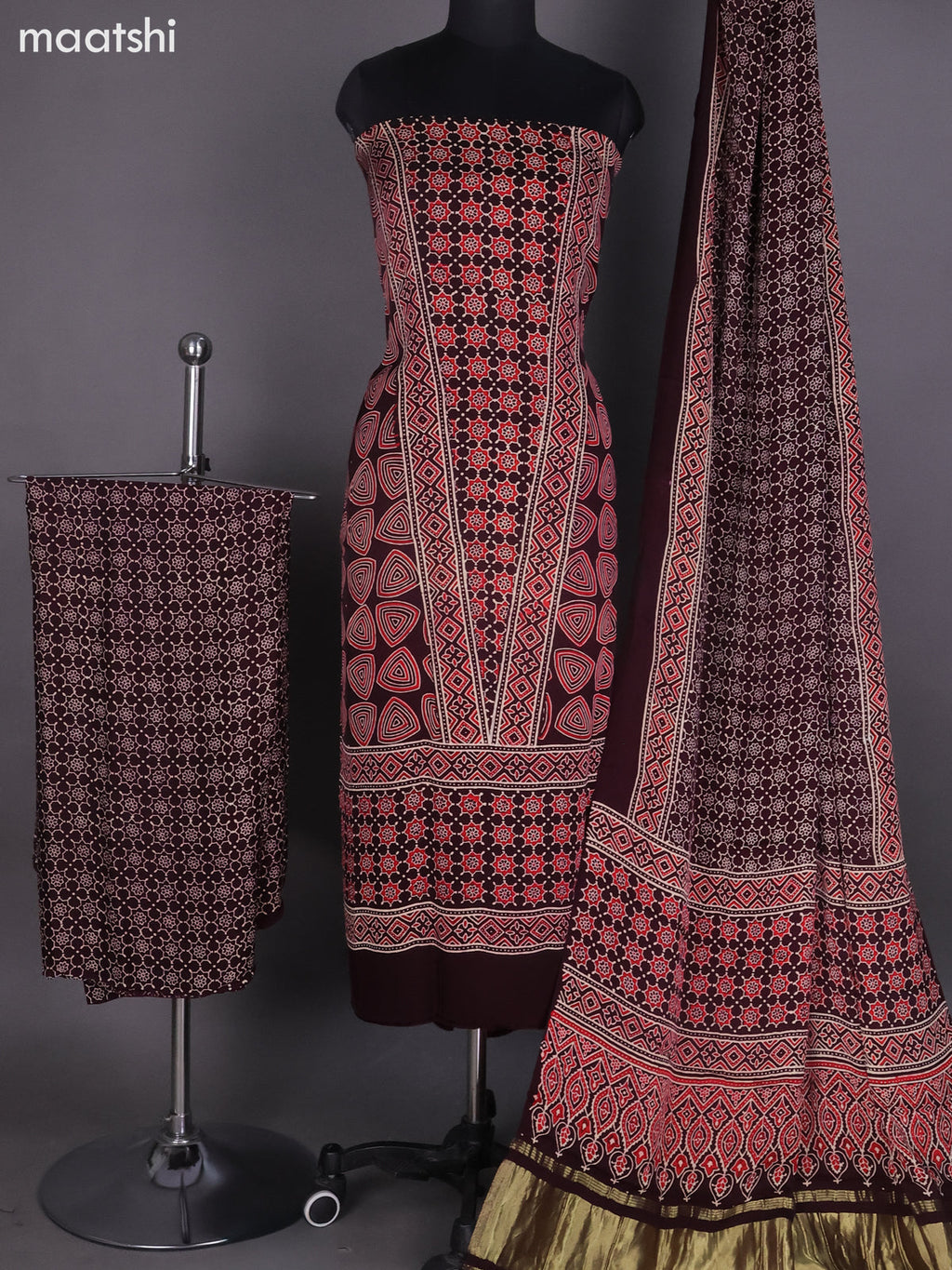Deep Maroon and Red Modal Dress Material With Ajrakh Printed and Bottom & Dupatta