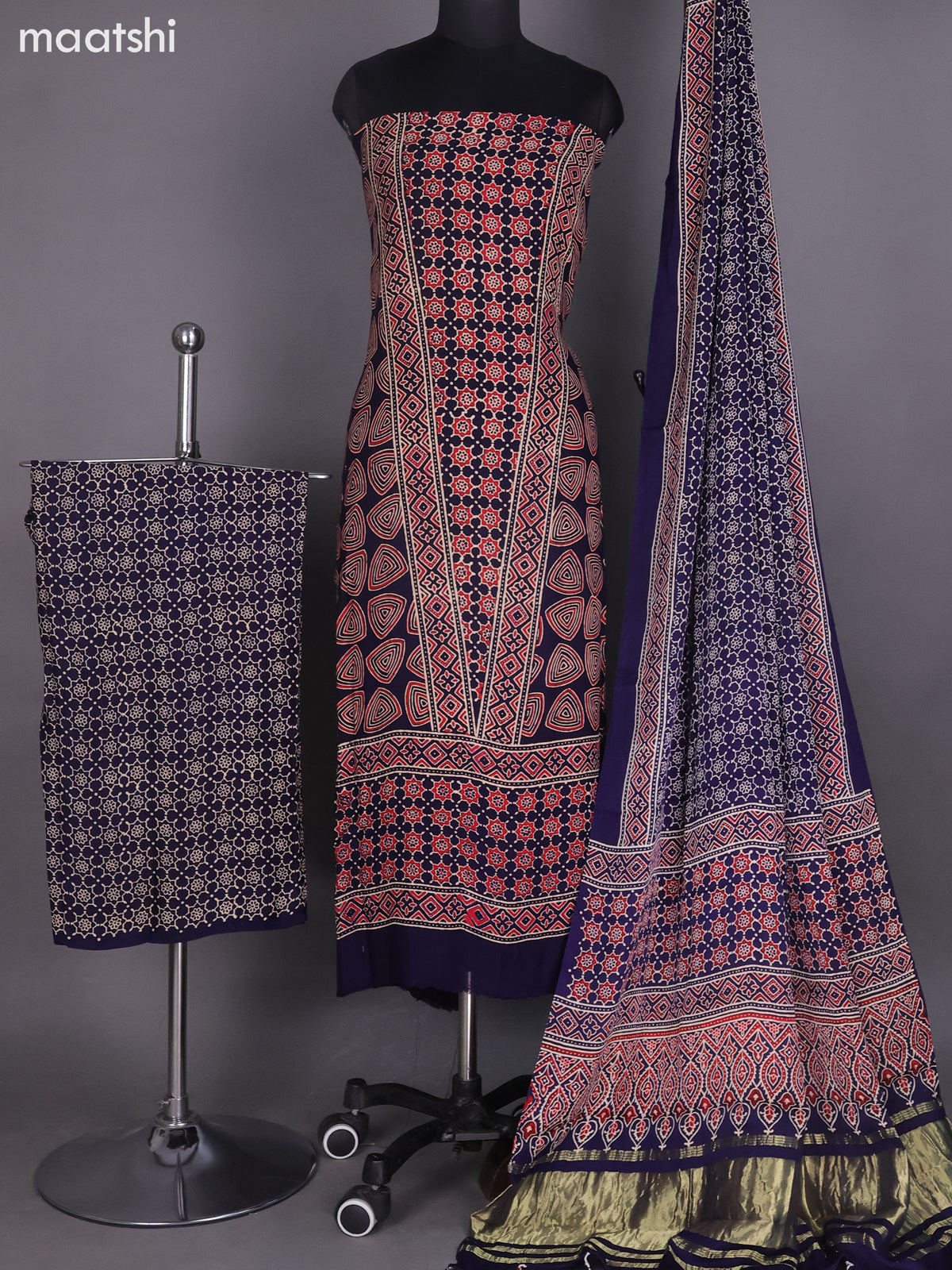 Navy Blue Modal Dress Material With Ajrakh Printed and Bottom & Dupatta