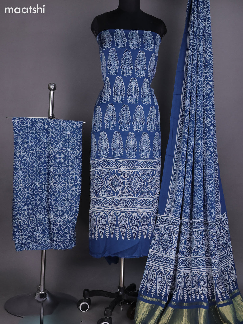 Blue Modal Dress Material With Ajrakh Printed and Bottom & Dupatta