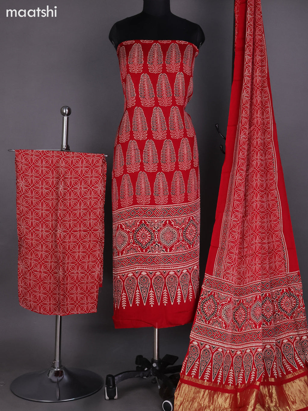 Red Modal Dress Material With Ajrakh Printed and Bottom & Dupatta