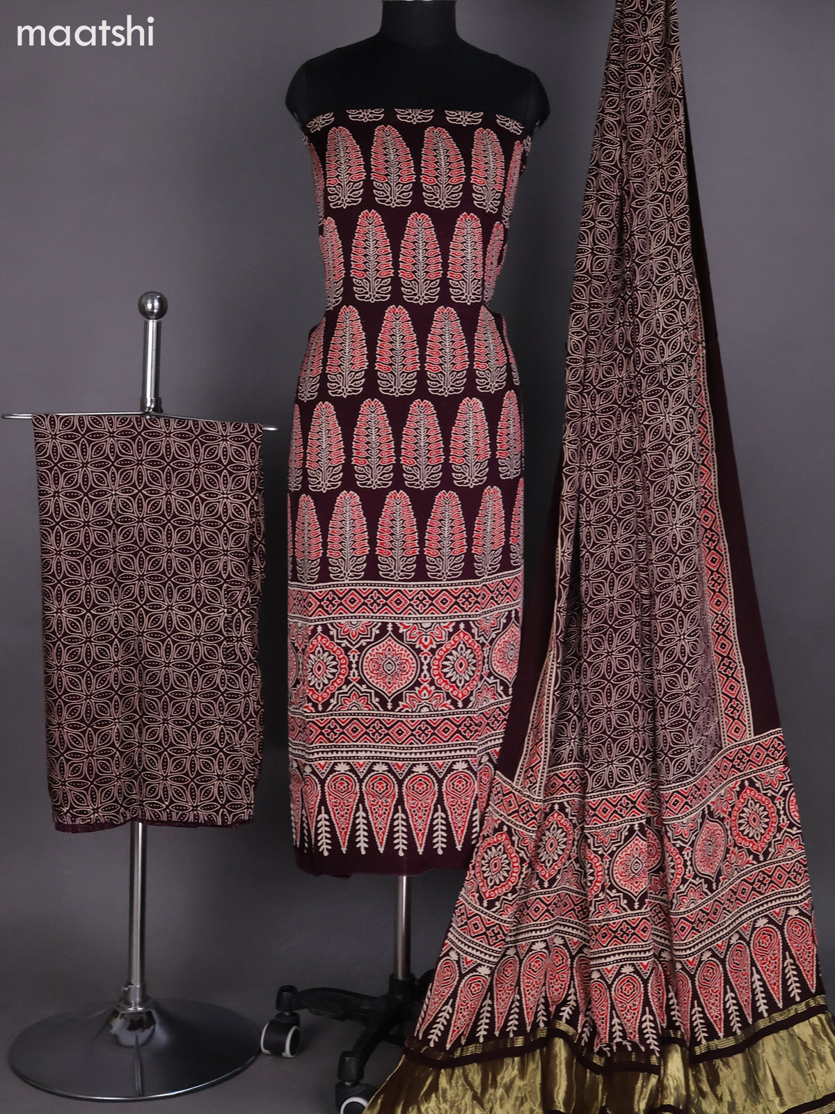 Deep Maroon and Red Modal Dress Material With Ajrakh Printed and Bottom & Dupatta