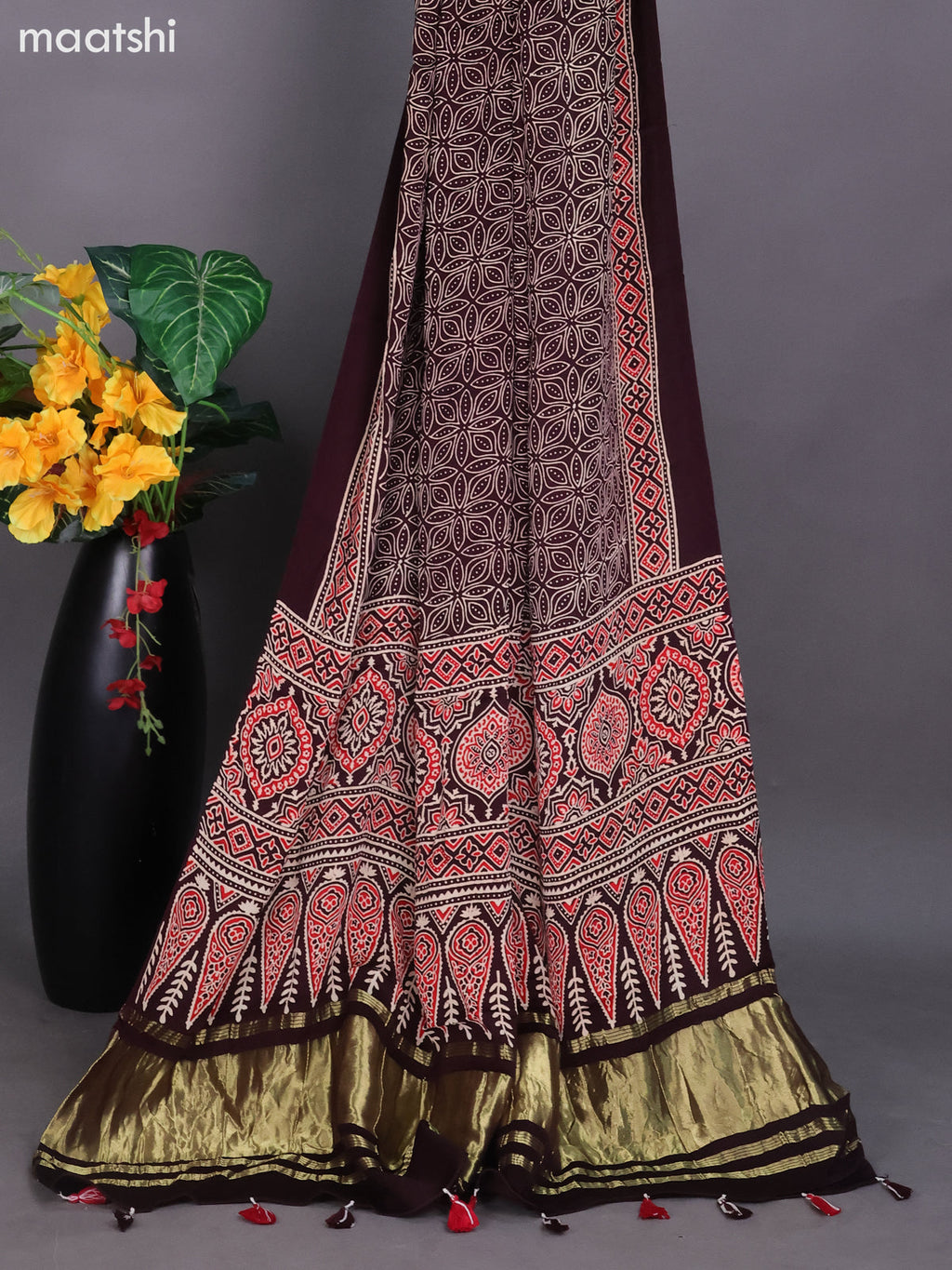 Deep Maroon and Red Modal Dress Material With Ajrakh Printed and Bottom & Dupatta