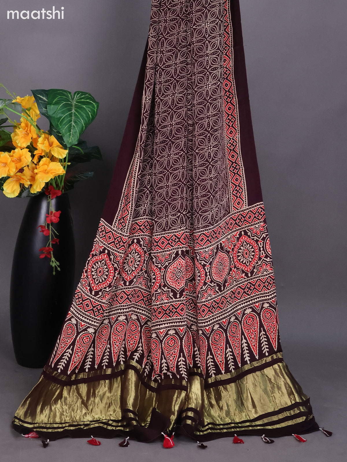 Deep Maroon and Red Modal Dress Material With Ajrakh Printed and Bottom & Dupatta