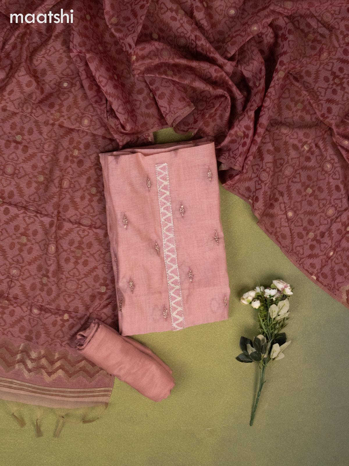 Munga cotton dress material peach pink and maroon with thread buttas & sequin kantha stich work and bottom & zari woven dupatta