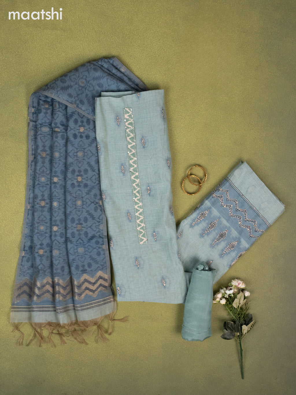 Munga cotton dress material teal green and blue with thread buttas & sequin kantha stich work and bottom & zari woven dupatta