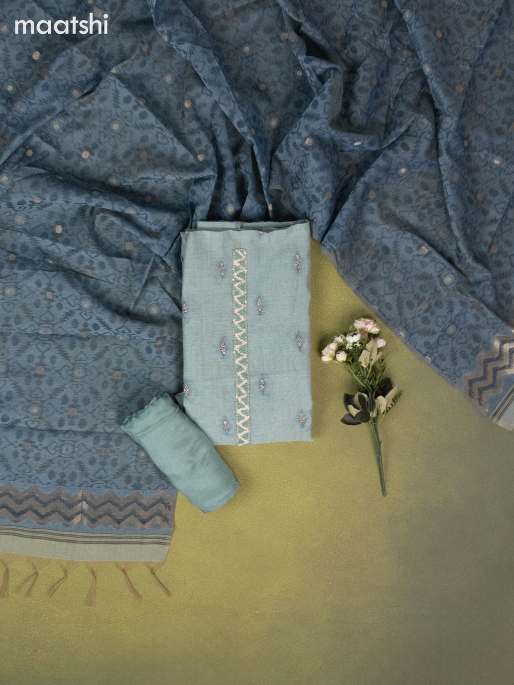 Munga cotton dress material teal green and blue with thread buttas & sequin kantha stich work and bottom & zari woven dupatta