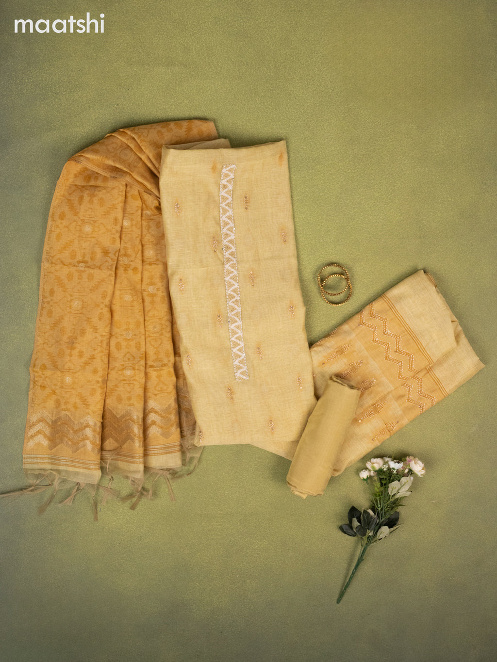 Munga cotton dress material yellow and mustard with thread buttas & sequin kantha stich work and bottom & zari woven dupatta