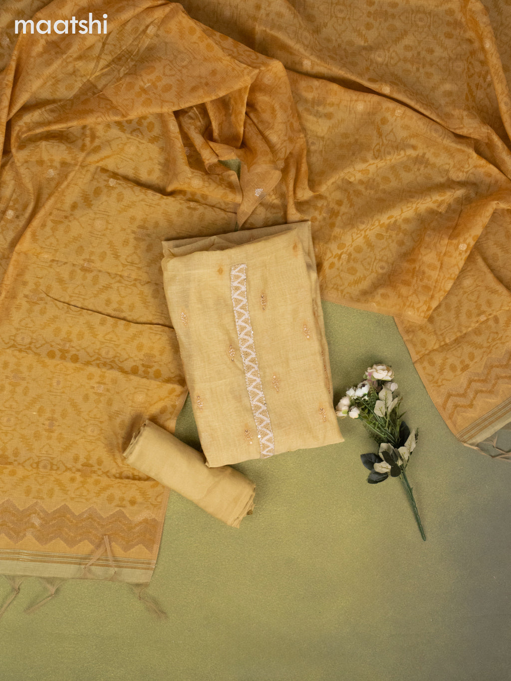 Munga cotton dress material yellow and mustard with thread buttas & sequin kantha stich work and bottom & zari woven dupatta