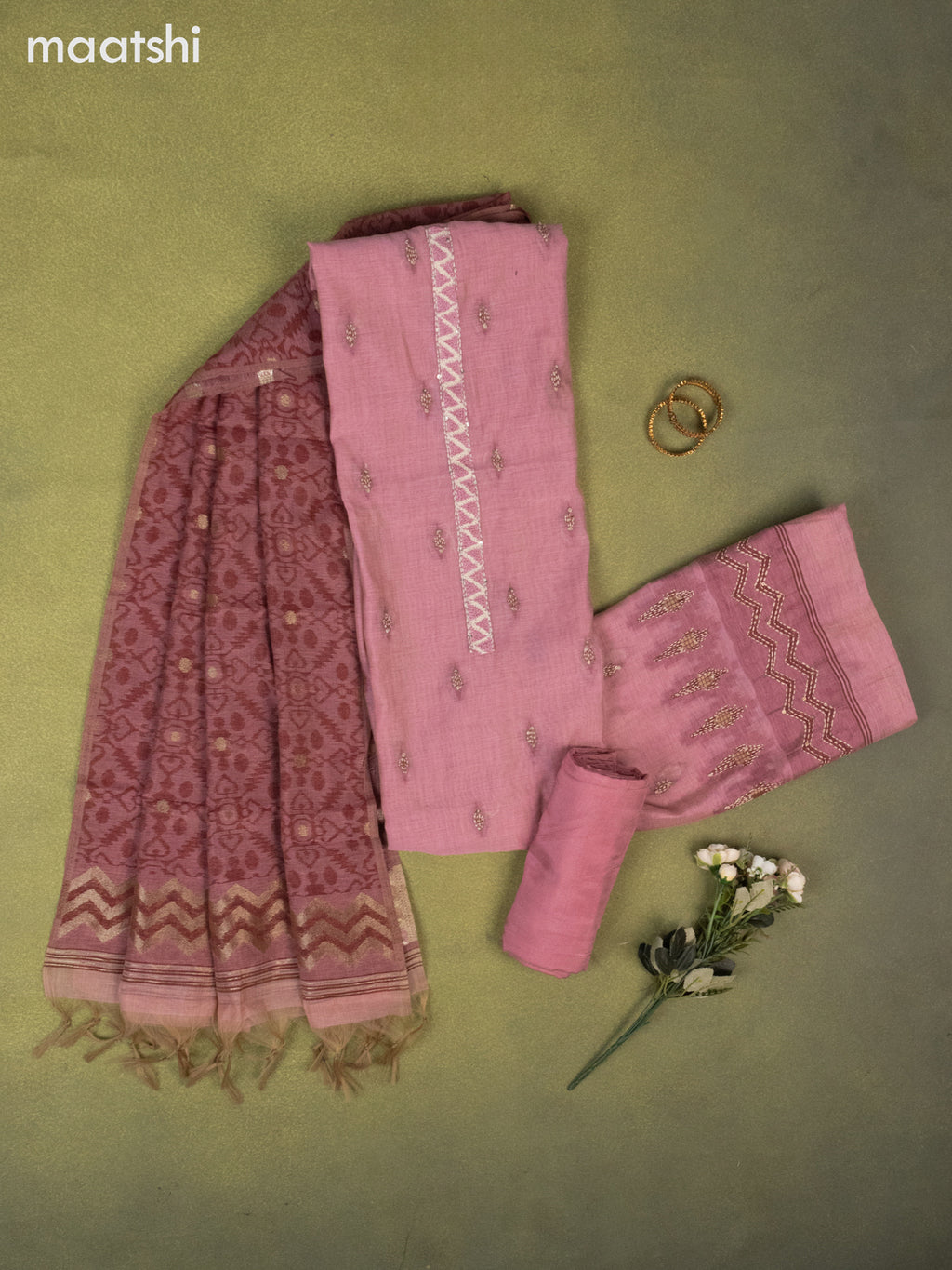 Munga cotton dress material mauve pink and maroon with thread buttas & sequin kantha stich work and bottom & zari woven dupatta
