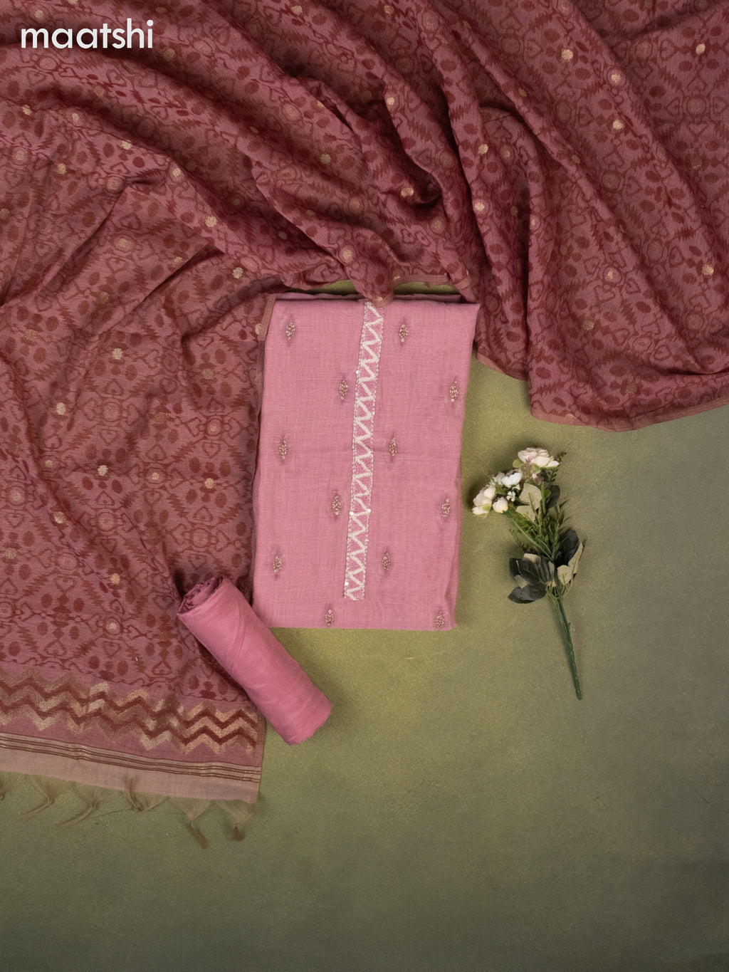 Munga cotton dress material mauve pink and maroon with thread buttas & sequin kantha stich work and bottom & zari woven dupatta