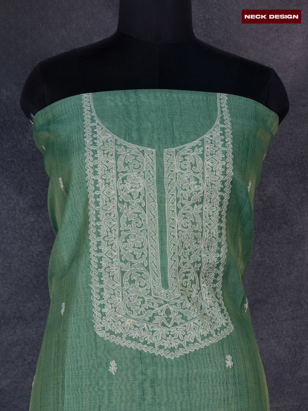 Tissue linen dress material green with floral buttas & embroidery work neck pattern and bottom & dupatta