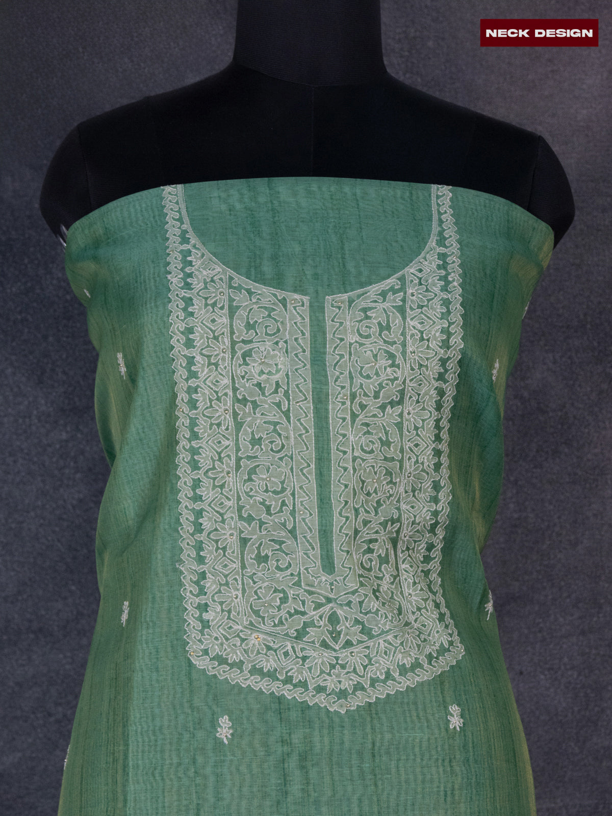 Tissue linen dress material green with floral buttas & embroidery work neck pattern and bottom & dupatta