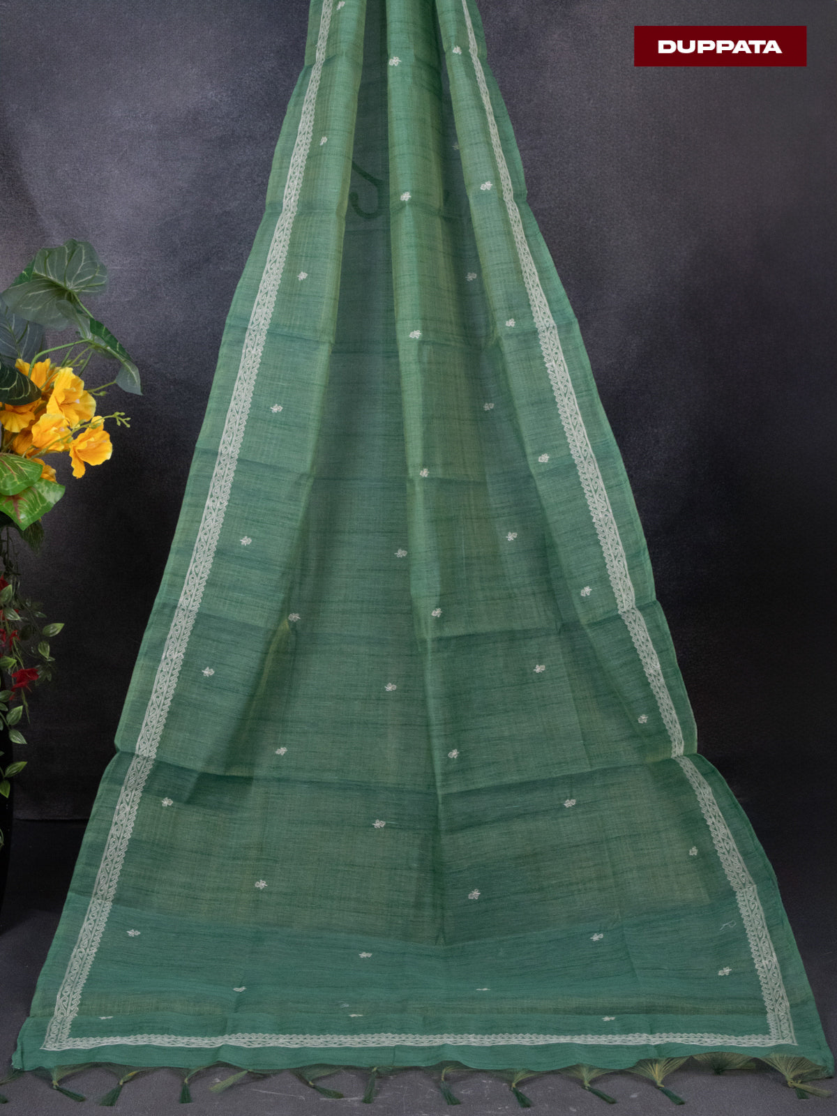 Tissue linen dress material green with floral buttas & embroidery work neck pattern and bottom & dupatta