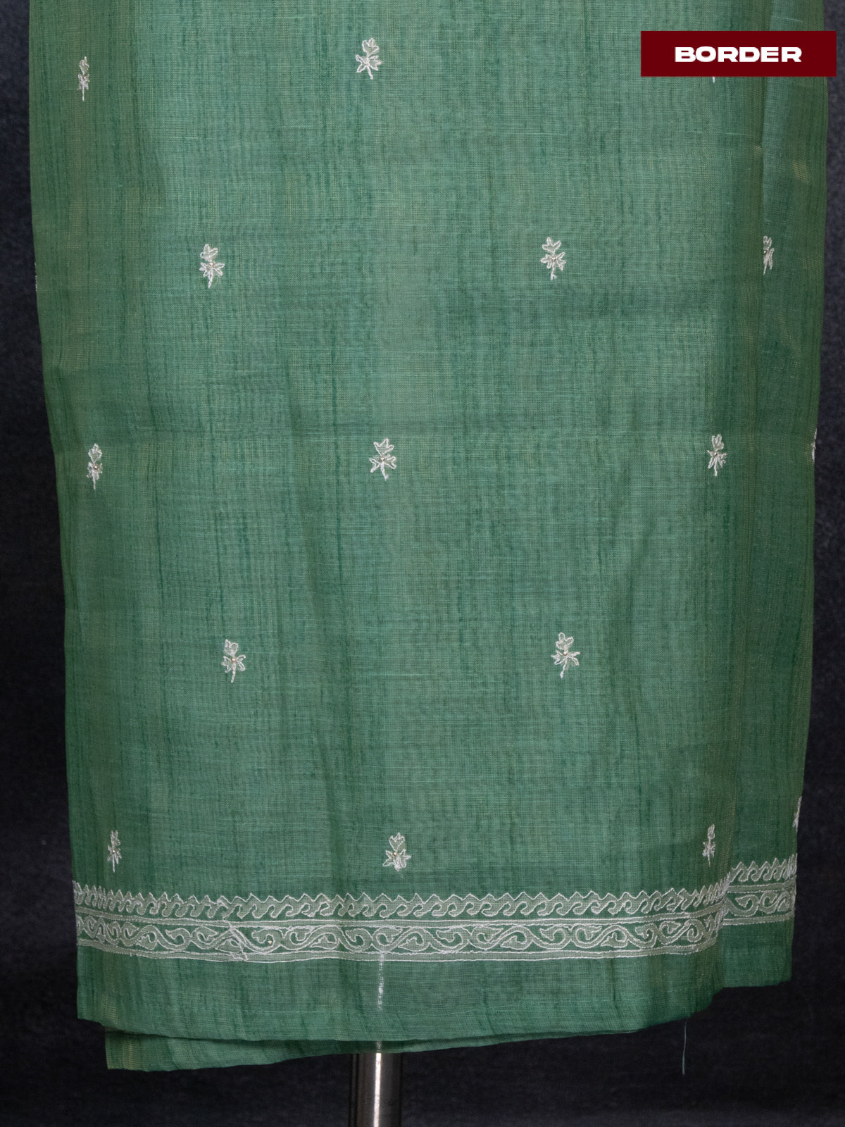 Tissue linen dress material green with floral buttas & embroidery work neck pattern and bottom & dupatta