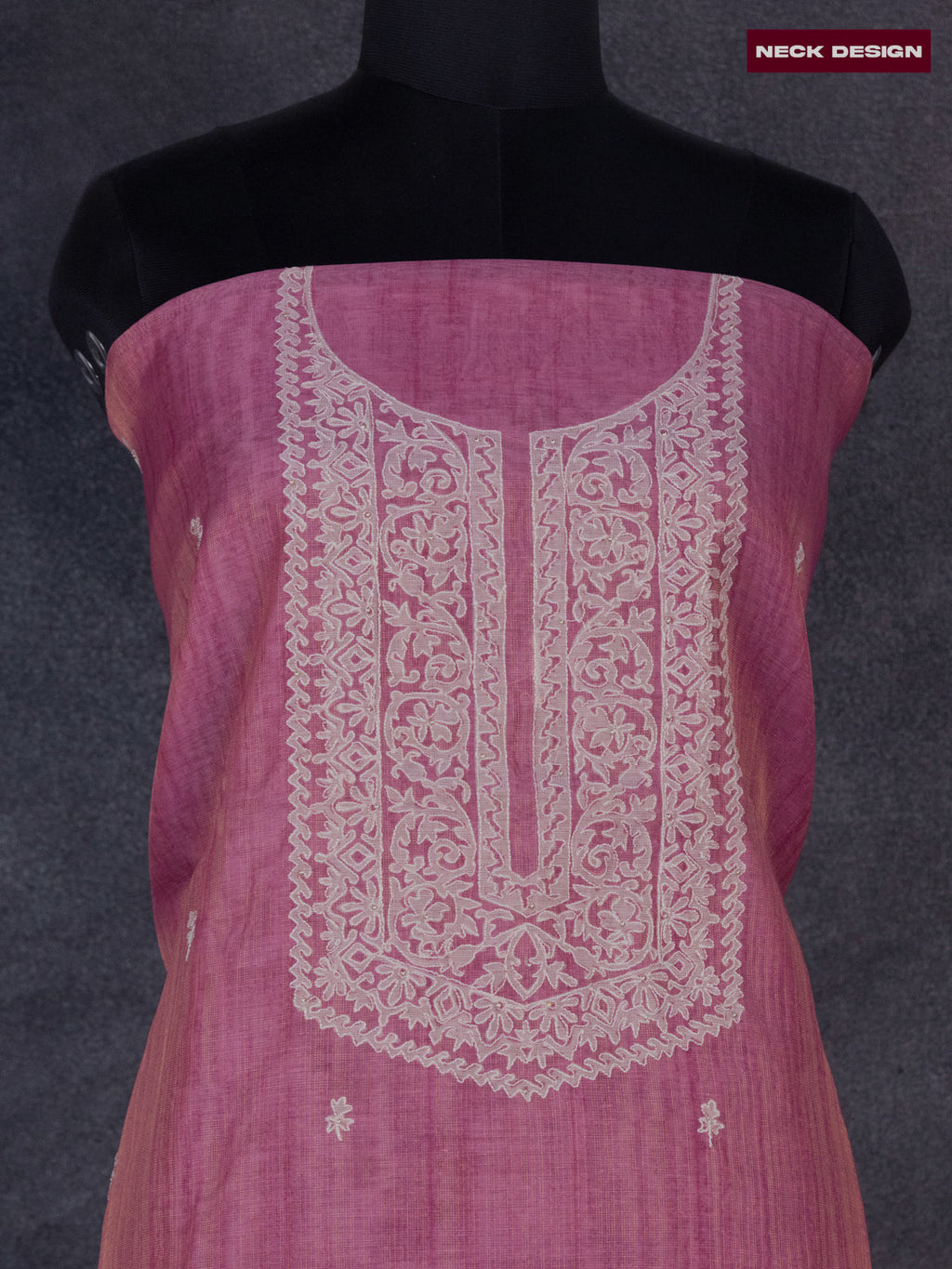 Tissue linen dress material pink shade with floral buttas & embroidery work neck pattern and bottom & dupatta