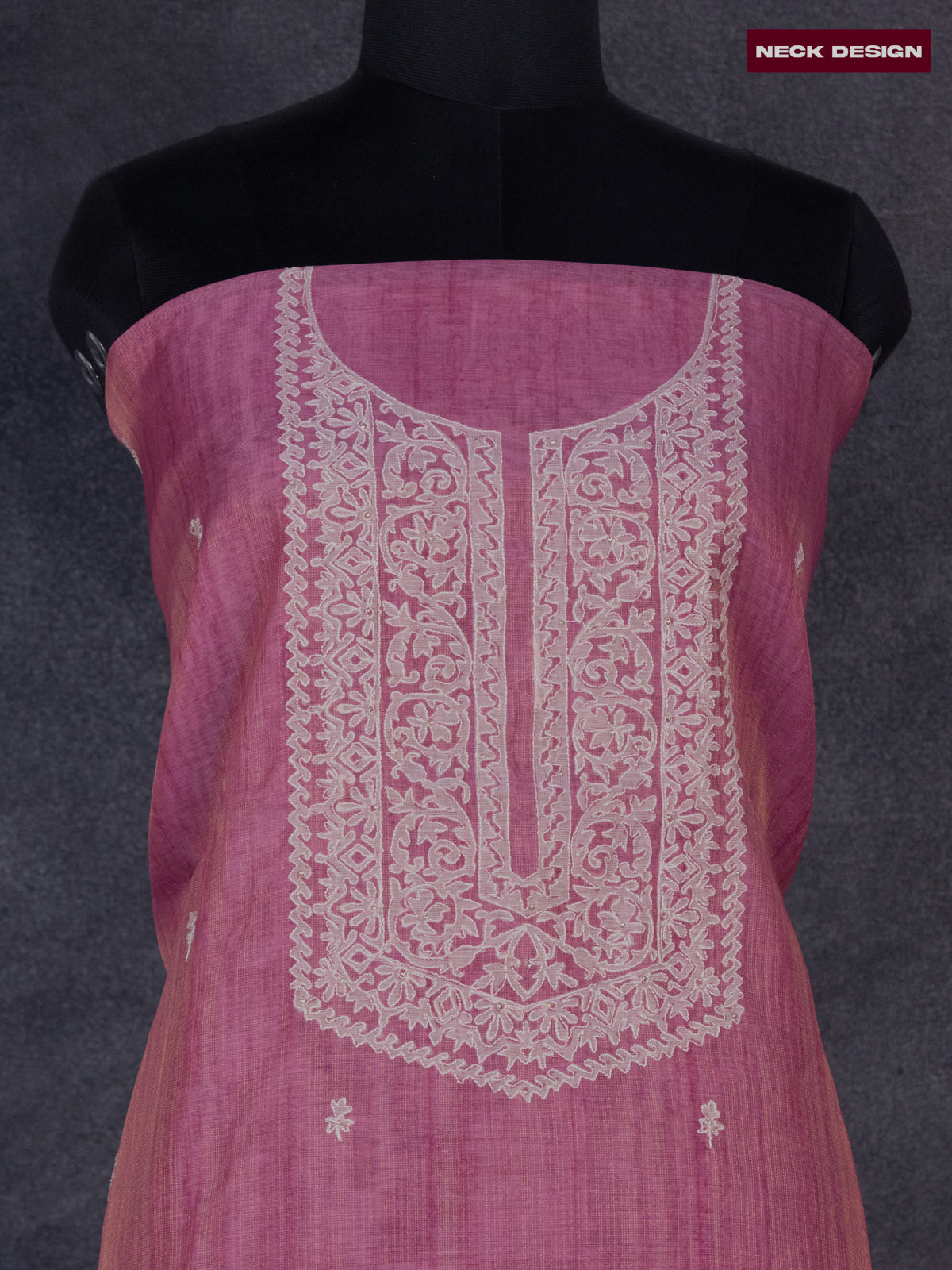 Tissue linen dress material pink shade with floral buttas & embroidery work neck pattern and bottom & dupatta