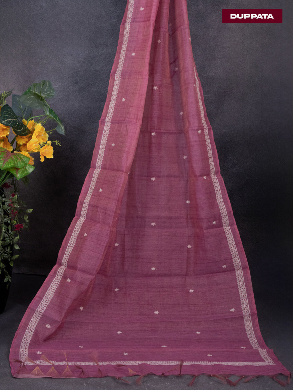 Tissue linen dress material pink shade with floral buttas & embroidery work neck pattern and bottom & dupatta