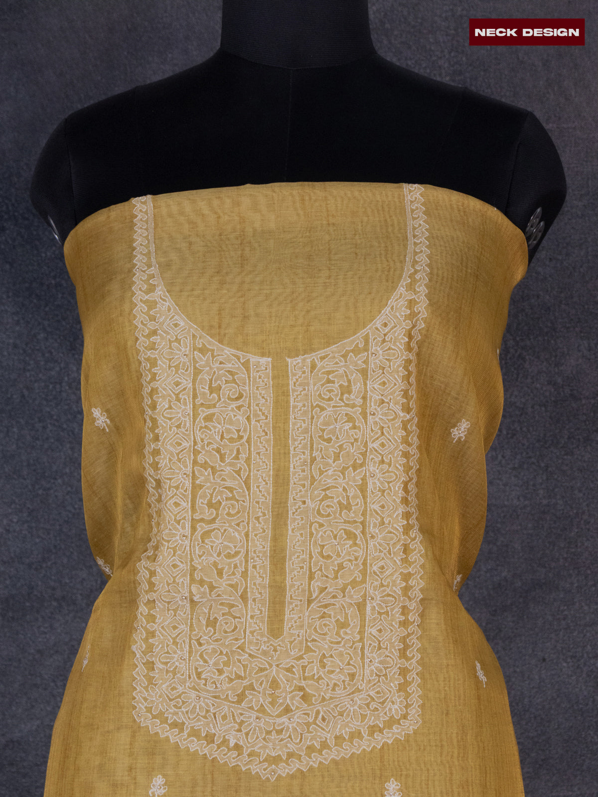Tissue linen dress material mustard shade with floral buttas & embroidery work neck pattern and bottom & dupatta
