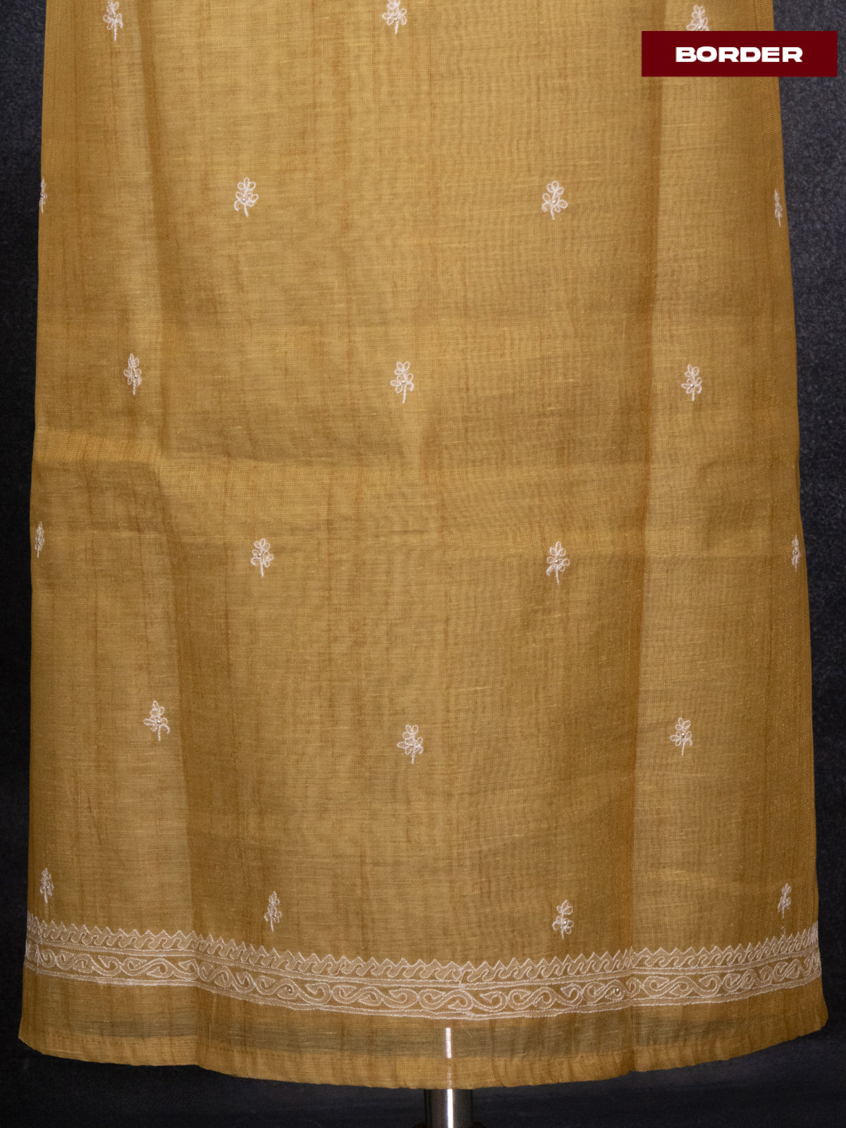 Tissue linen dress material mustard shade with floral buttas & embroidery work neck pattern and bottom & dupatta