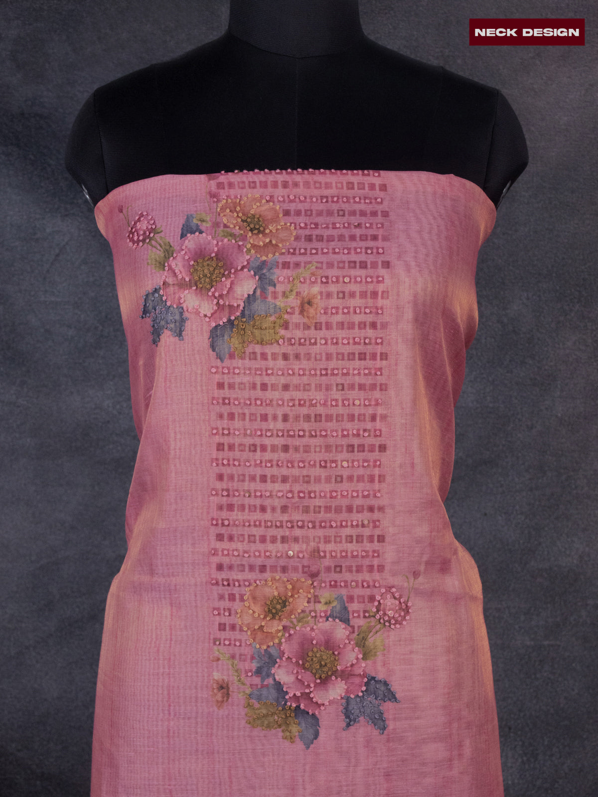 Tissue linen dress material peach pink with french knot work neck pattern and bottom & dupatta
