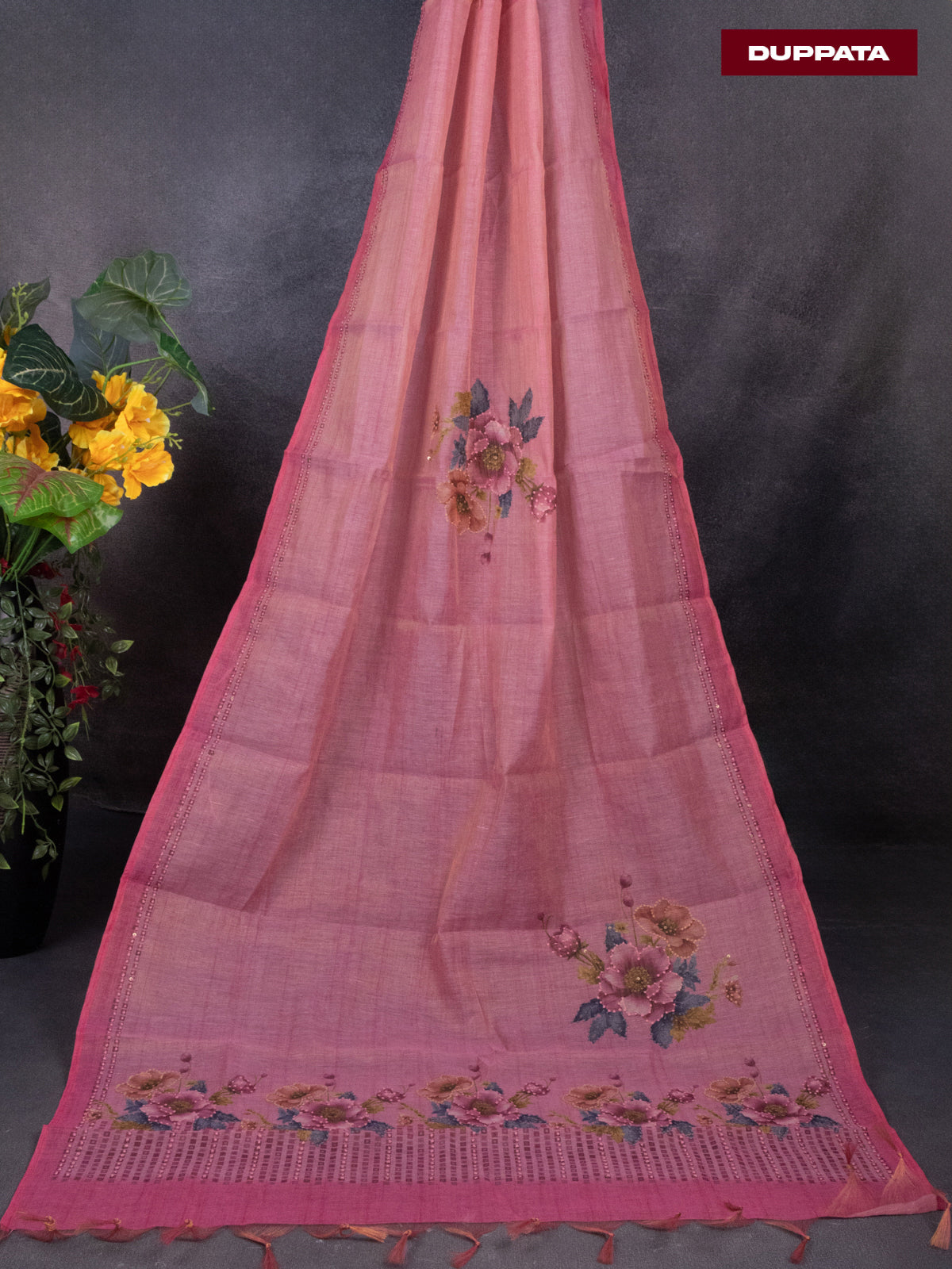 Tissue linen dress material peach pink with french knot work neck pattern and bottom & dupatta