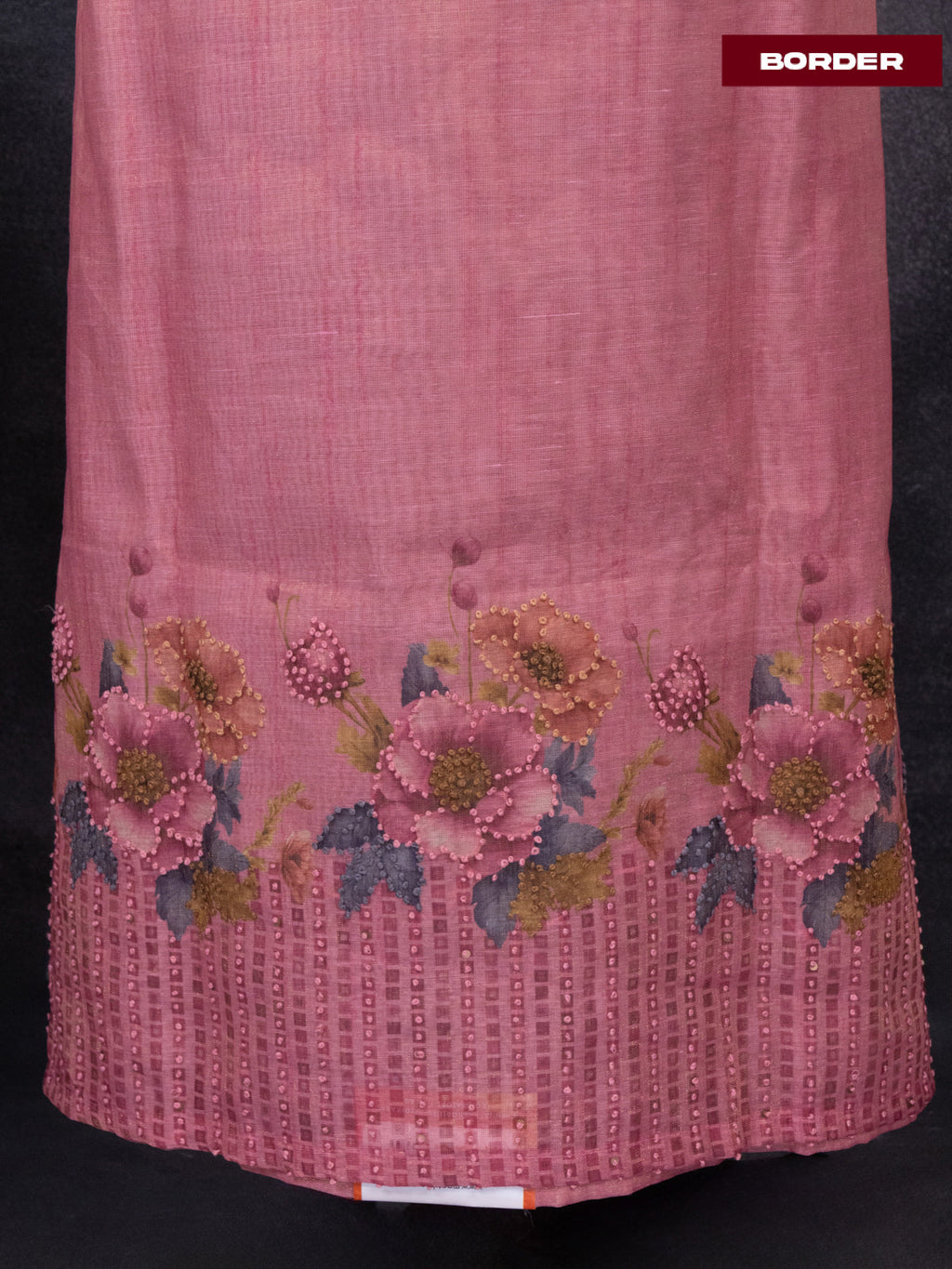 Tissue linen dress material peach pink with french knot work neck pattern and bottom & dupatta