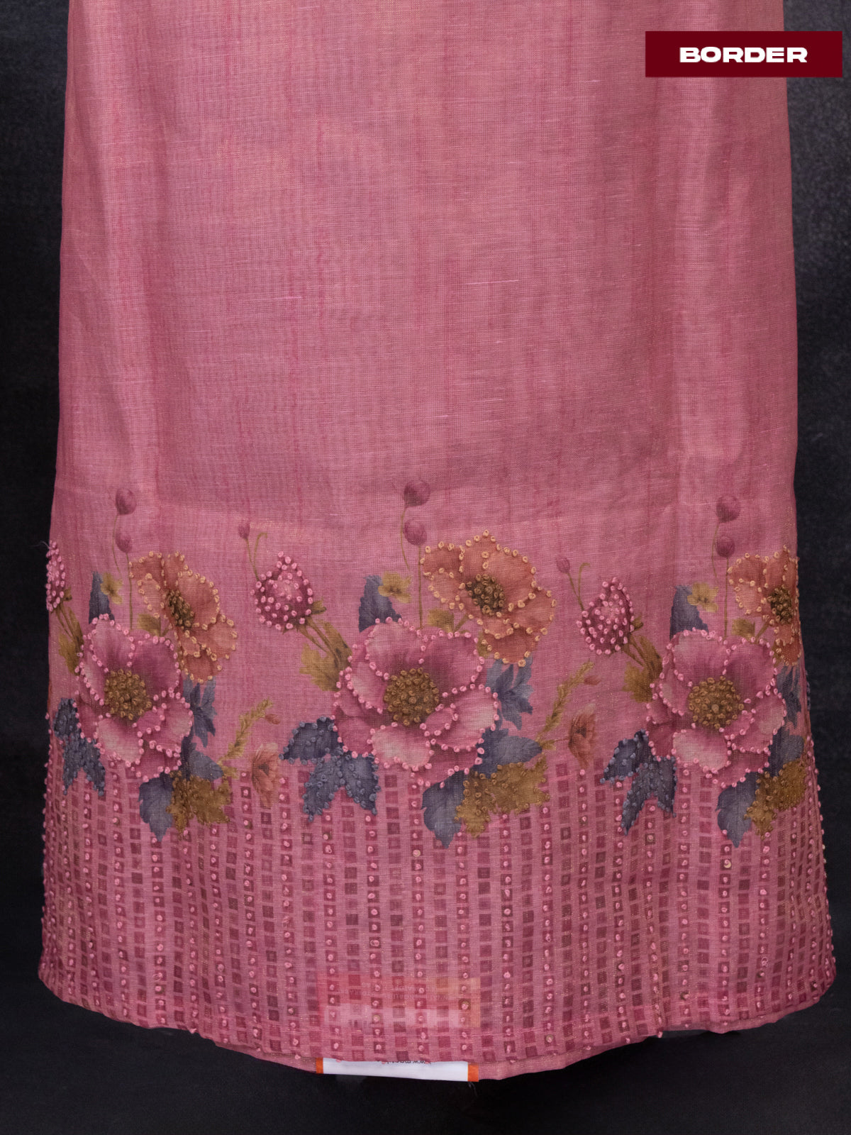 Tissue linen dress material peach pink with french knot work neck pattern and bottom & dupatta