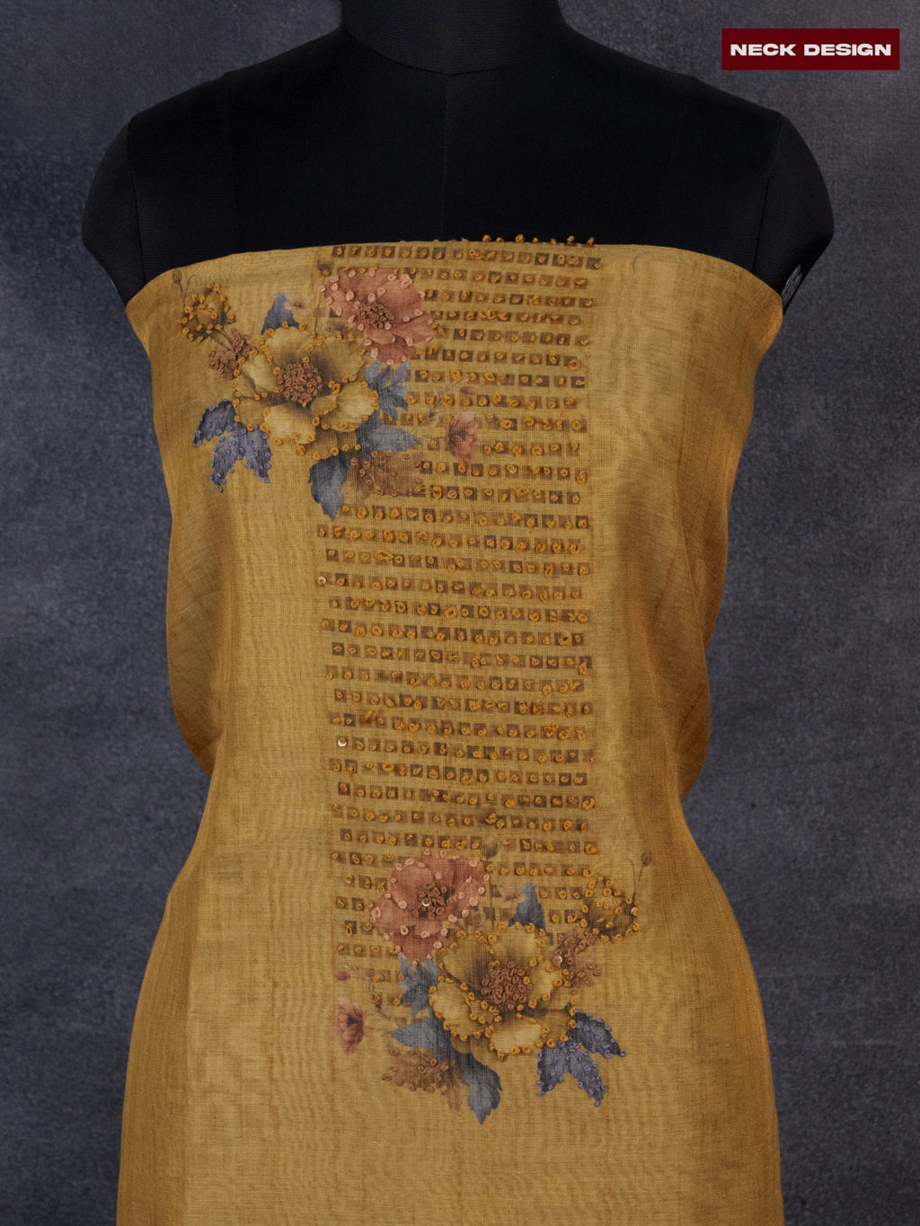 Tissue linen dress material mustard shade with french knot work neck pattern and bottom & dupatta